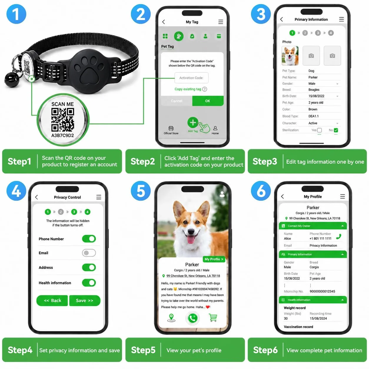 GPS per Gatti, Collare GPS per Gatti & Cani Compatibile con iOS e Android, Localizzatori GPS per Cani Senza Abbonamento Codice 2D Per Compilare le Informazioni, Regolabile, Riflesso Notturno - immagine 7