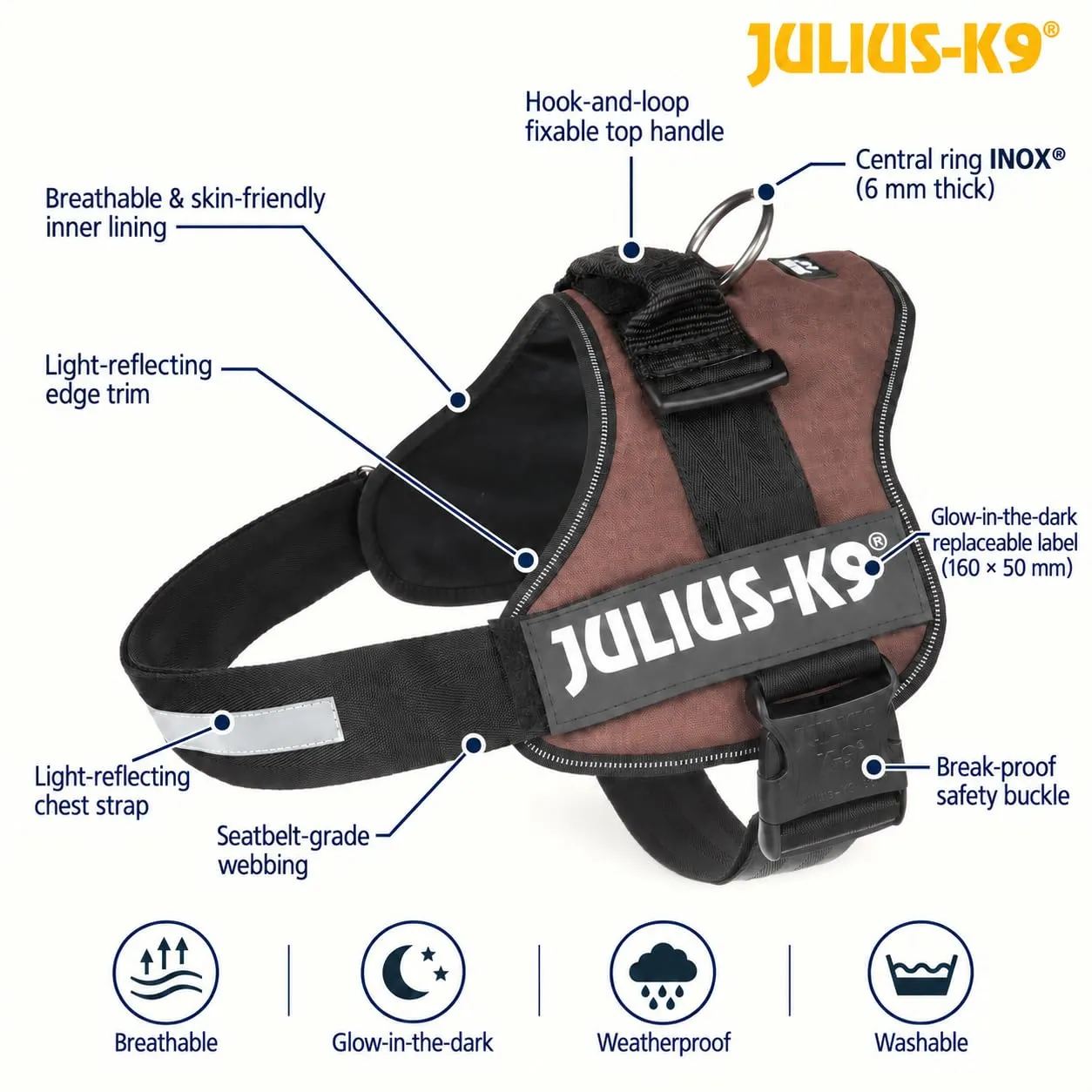 Julius-K9 Pettorina K9, Taglia: 2, Mocca - Tela di Sacco, Nylon, Marrone (Mocca), XL/2 - immagine 2
