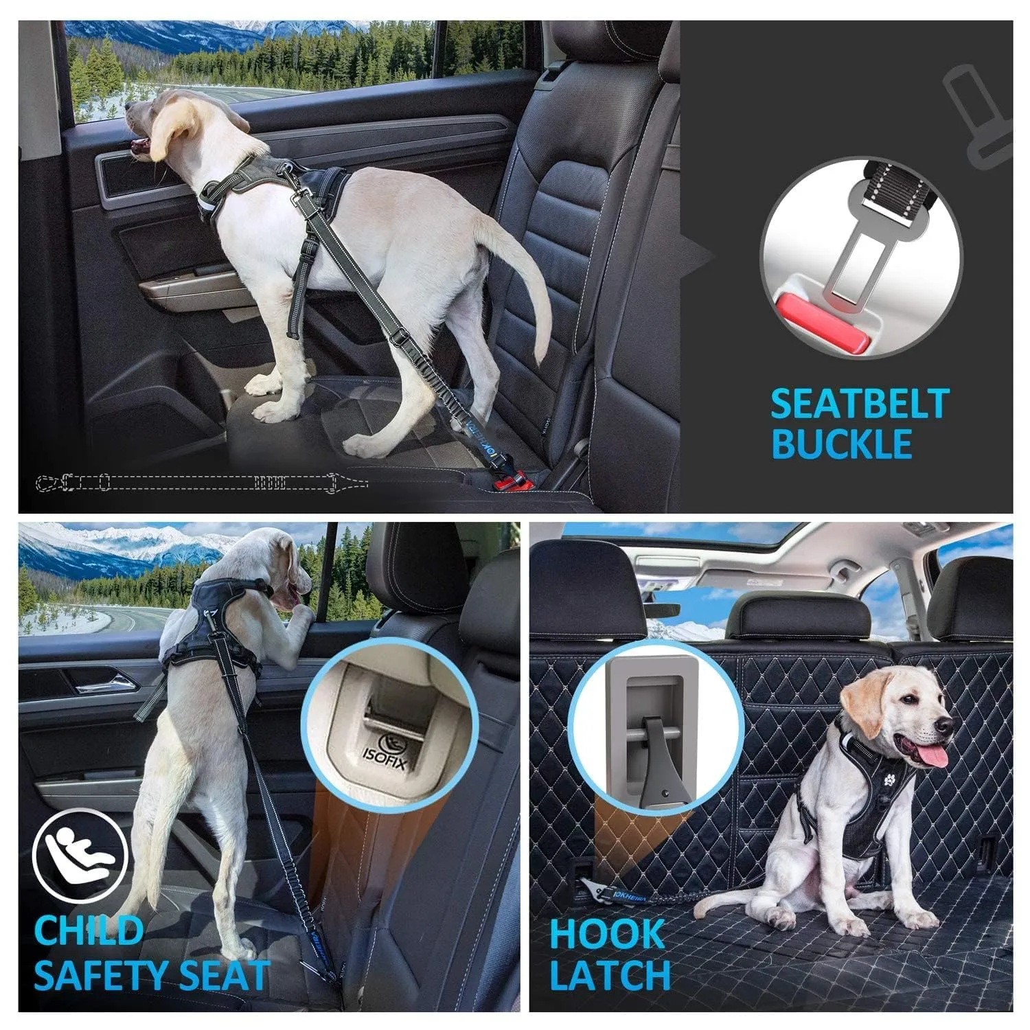 Iokheira Cintura di Sicurezza per Cani, 3 in 1 Multifunzione Cintura Sicurezza Cani, Cablaggio Elastico di Sicurezza Riflettente Regolabile (nero) - immagine 6