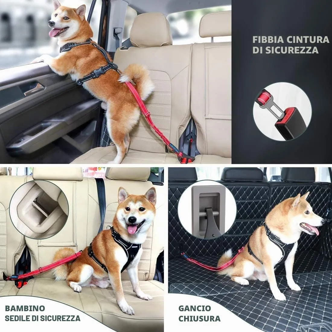 Iokheira Cintura di Sicurezza per Cani, 3 in 1 Multifunzione Cintura Sicurezza Cani, Cablaggio Elastico di Sicurezza Riflettente Regolabile (Rosso) - immagine 6