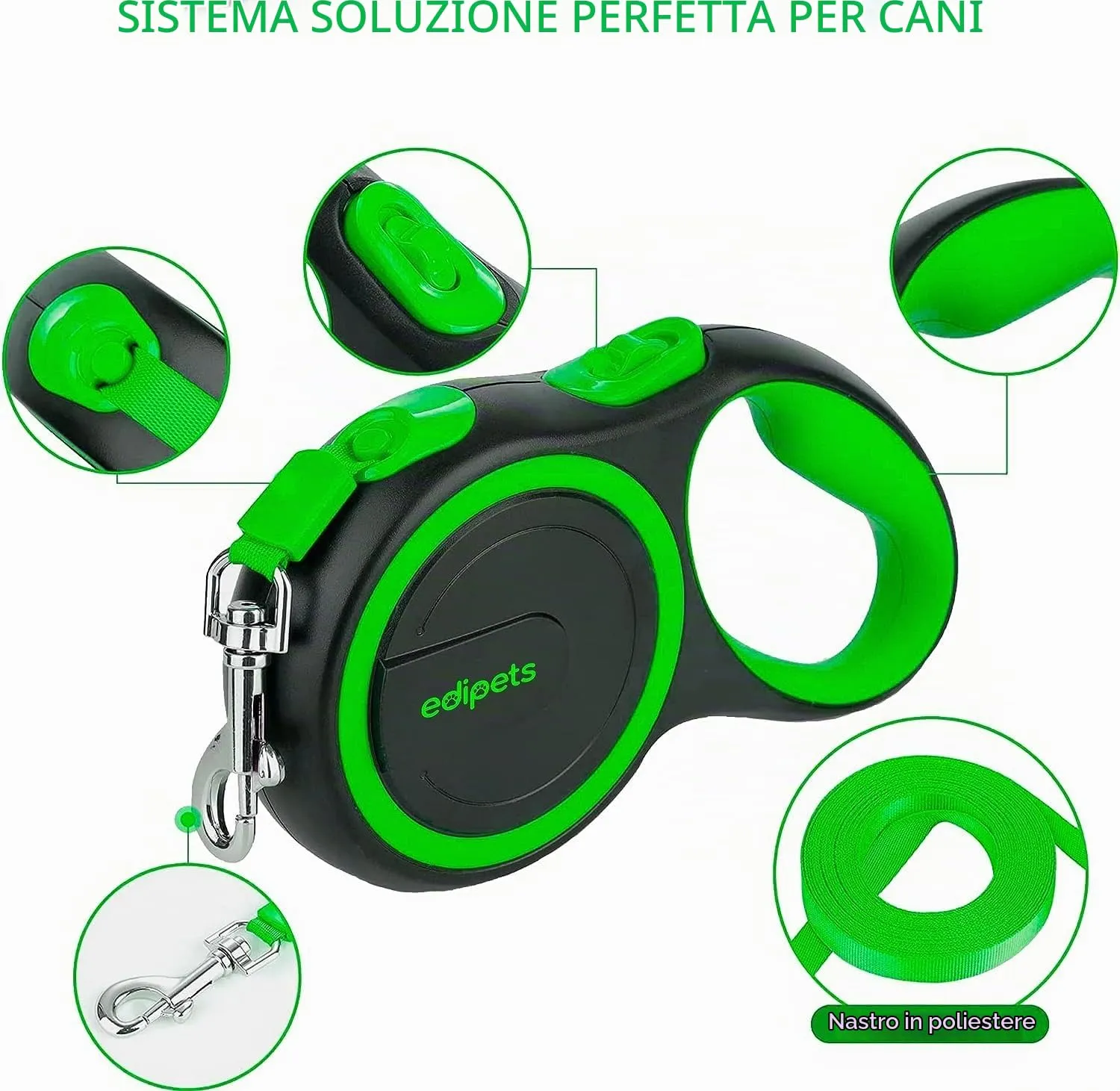 Edipets, Guinzaglio per Cani Allungabile, Retrattile, 5 e 8 Metri, Guinzaglio Flessibile per Addestramento e Passeggiate (Verde, 8 metri) - immagine 2
