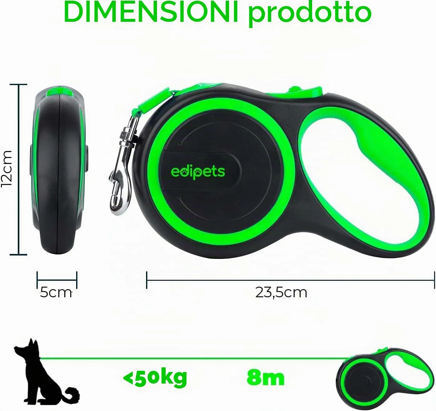 Edipets, Guinzaglio per Cani Allungabile, Retrattile, 5 e 8 Metri, Guinzaglio Flessibile per Addestramento e Passeggiate (Verde, 8 metri) - immagine 4