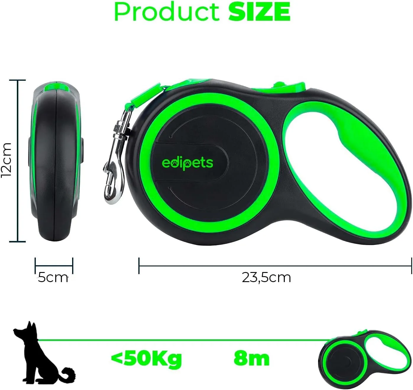 Edipets, Guinzaglio per Cani Allungabile, Retrattile, 5 e 8 Metri, Guinzaglio Flessibile per Addestramento e Passeggiate (Verde, 5 metri <20kg) - immagine 4