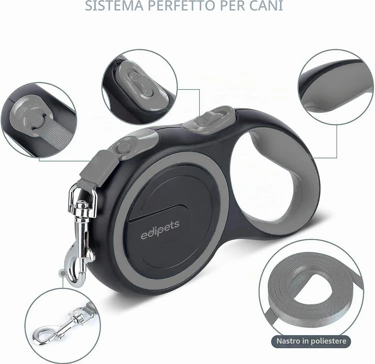 Edipets, Guinzaglio per Cani Allungabile, Retrattile, 5 e 8 Metri, Guinzaglio Flessibile per Addestramento e Passeggiate (Grigio, 8 metri) - immagine 2