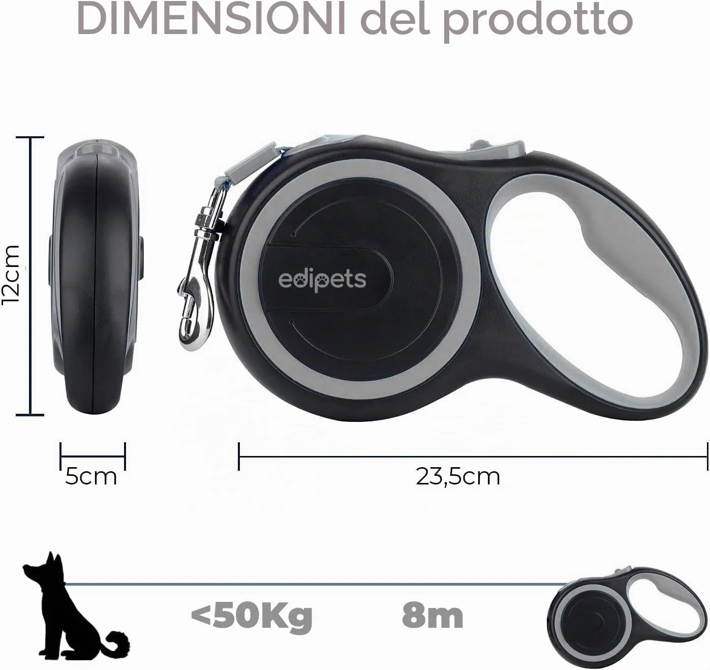 Edipets, Guinzaglio per Cani Allungabile, Retrattile, 5 e 8 Metri, Guinzaglio Flessibile per Addestramento e Passeggiate (Grigio, 8 metri) - immagine 4