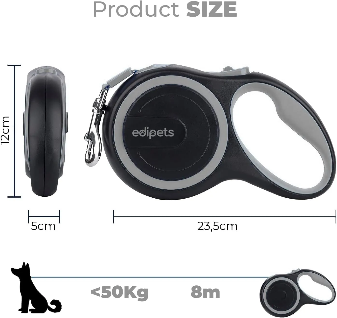 Edipets, Guinzaglio per Cani Allungabile, Retrattile, 5 e 8 Metri, Guinzaglio Flessibile per Addestramento e Passeggiate (Grigio, 5 metri <50kg) - immagine 4