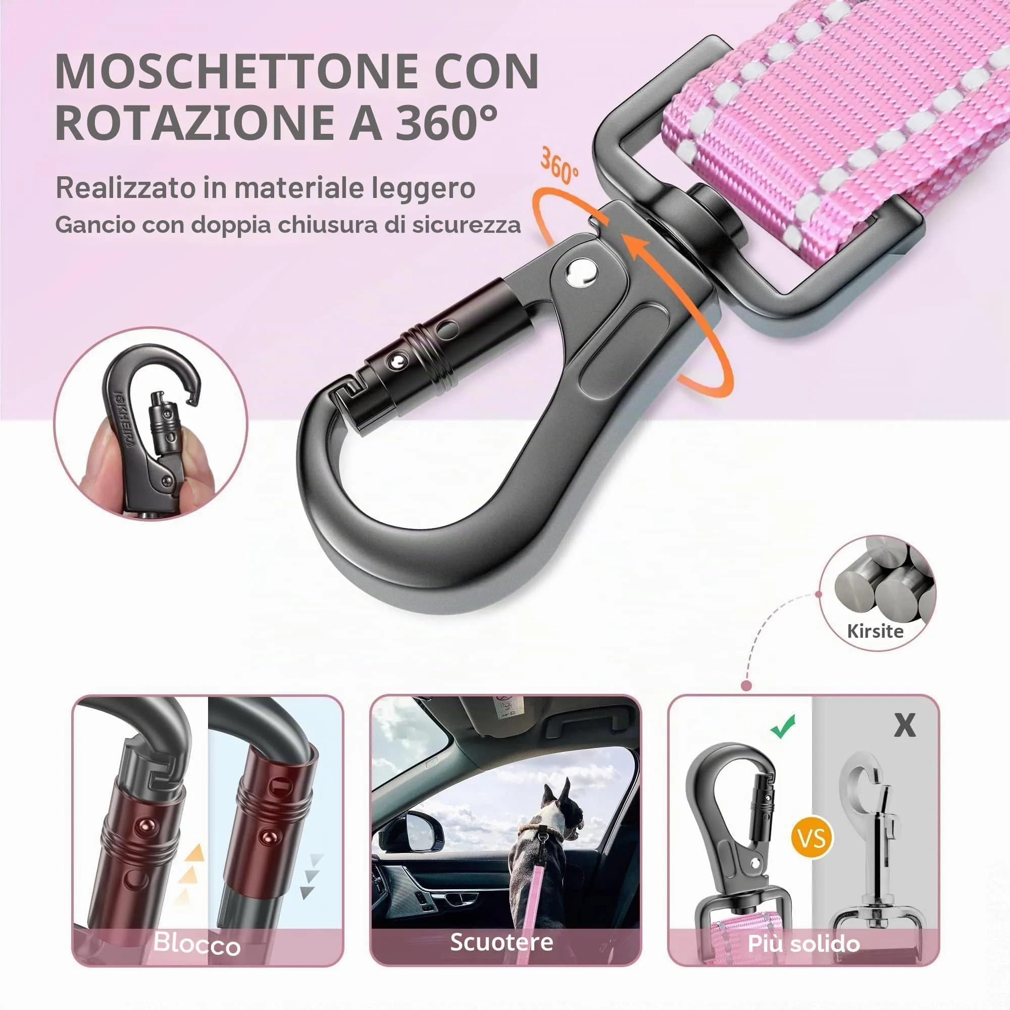 IOKHEIRA Cintura Sicurezza per Cani, Moschettone in Lega, Nylon Regolabile, Imbracatura Auto con Gancio Latch e Fibbia - immagine 3