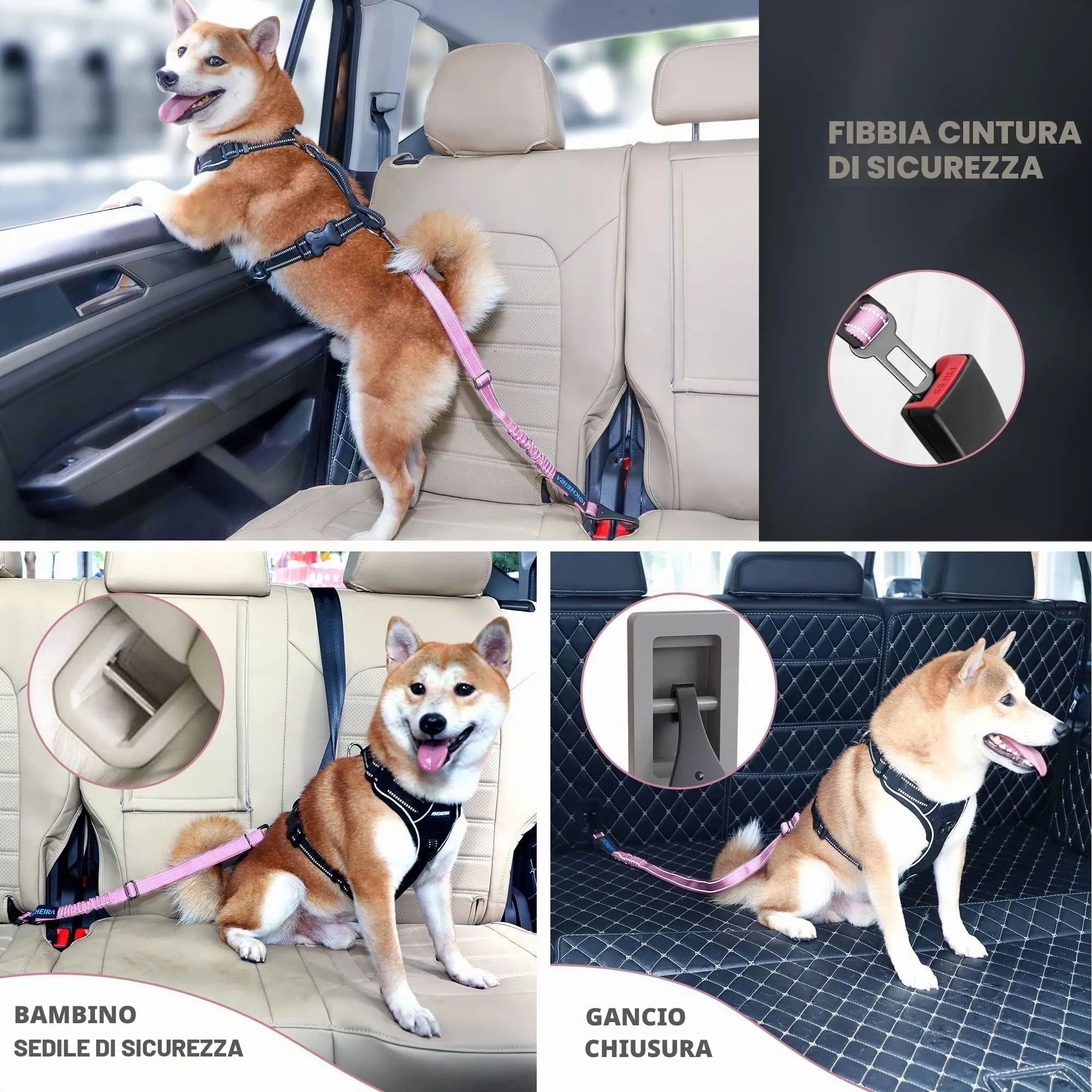 IOKHEIRA Cintura Sicurezza per Cani, Moschettone in Lega, Nylon Regolabile, Imbracatura Auto con Gancio Latch e Fibbia - immagine 6