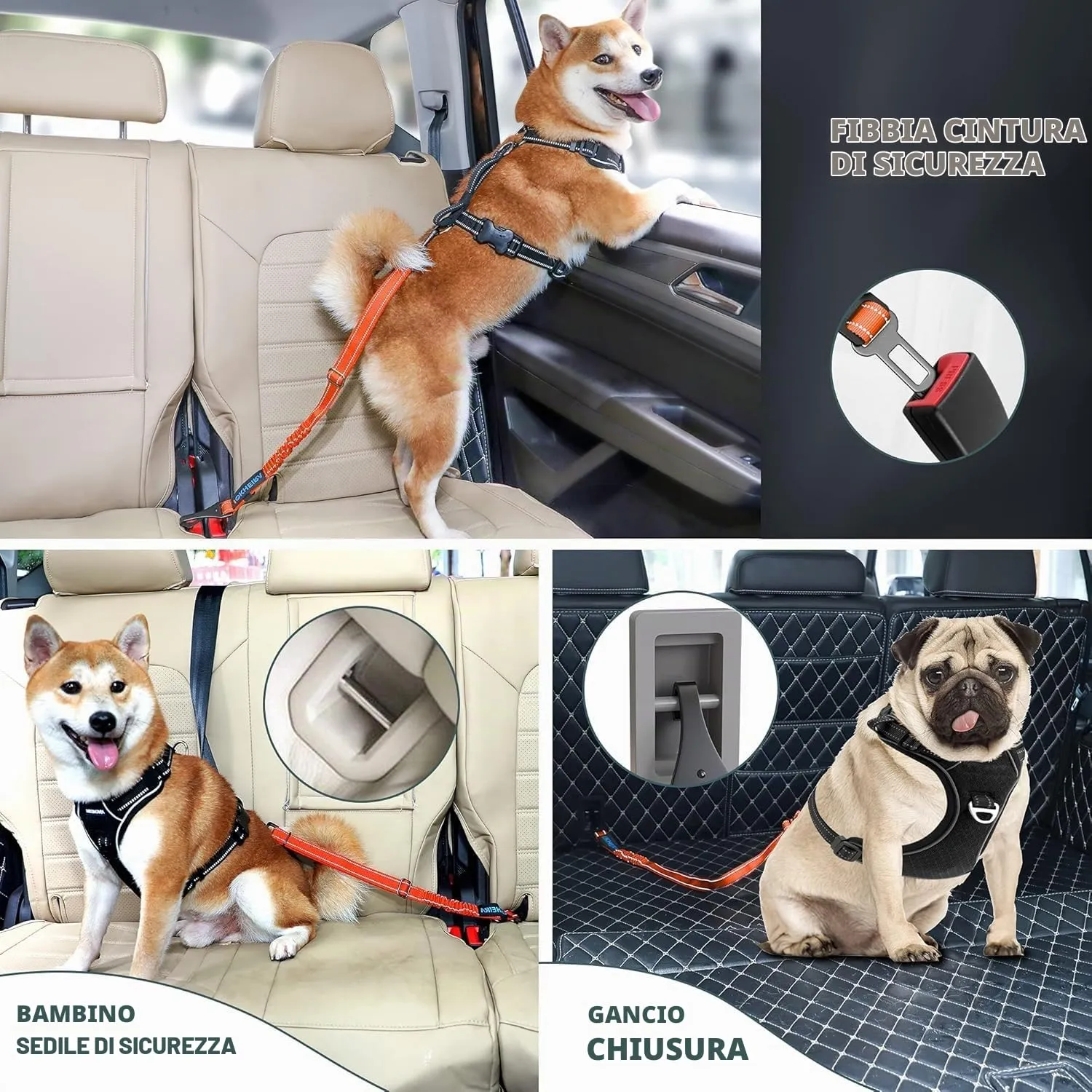 Iokheira Cintura di Sicurezza per Cani, 3 in 1 Multifunzione Cintura Sicurezza Cani, Cablaggio Elastico di Sicurezza Riflettente Regolabile (arancia) - immagine 6