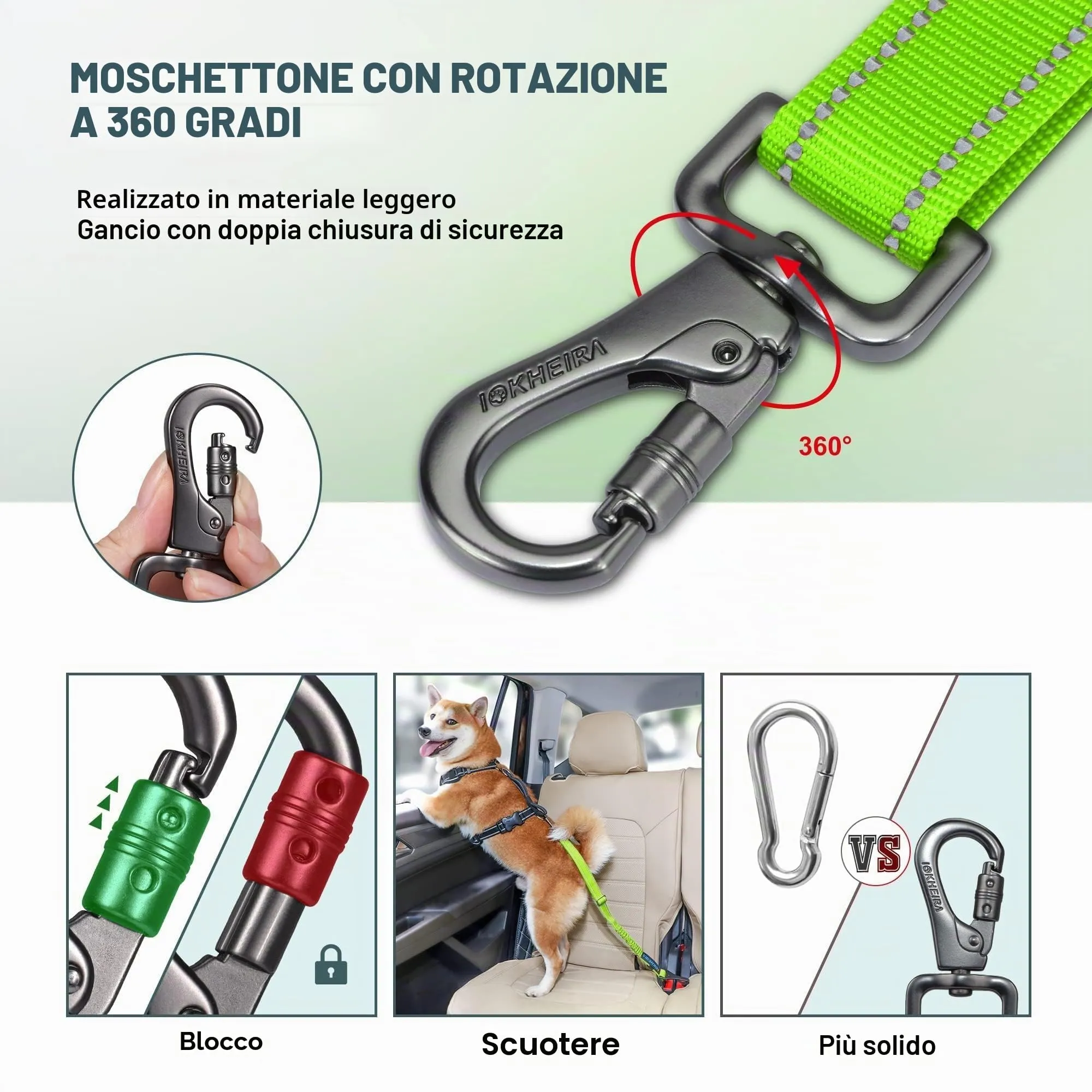 Iokheira Cintura di Sicurezza per Cani, 3 in 1 Multifunzione Cintura Sicurezza Cani, Cablaggio Elastico di Sicurezza Riflettente Regolabile (verde sportivo) - immagine 3