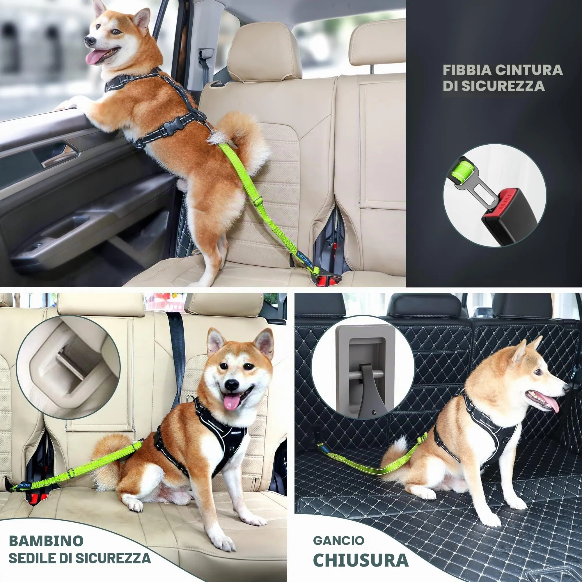 Iokheira Cintura di Sicurezza per Cani, 3 in 1 Multifunzione Cintura Sicurezza Cani, Cablaggio Elastico di Sicurezza Riflettente Regolabile (verde sportivo) - immagine 6