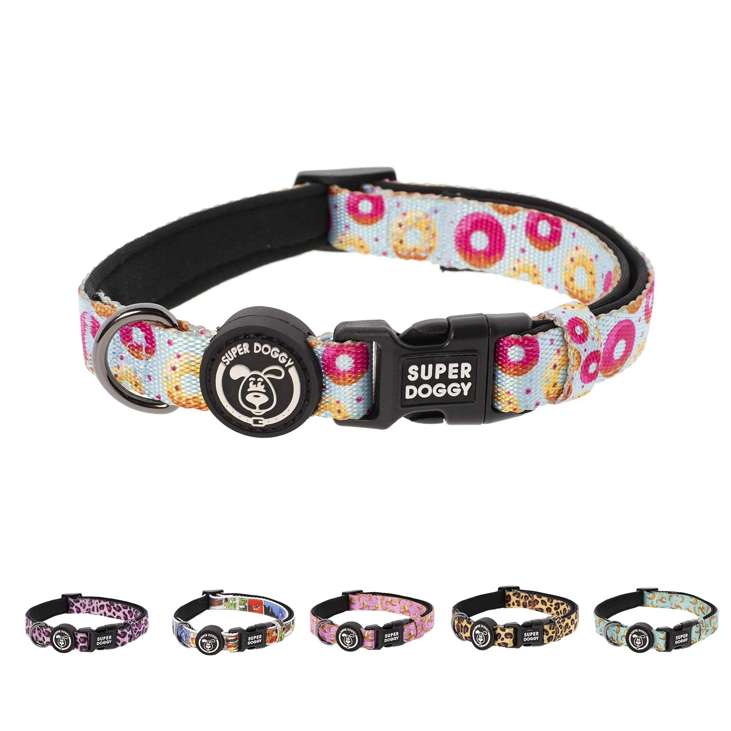 SUPER DOGGY Collare per Cani di Piccola, Media e Grande Taglia - Collari in Nylon Regolabile e Imbottito - Per Passeggiate, Allenamento e Corsa - Leggero e Ideale per i Cuccioli (Donuts, S (25-40cm)) - immagine 1