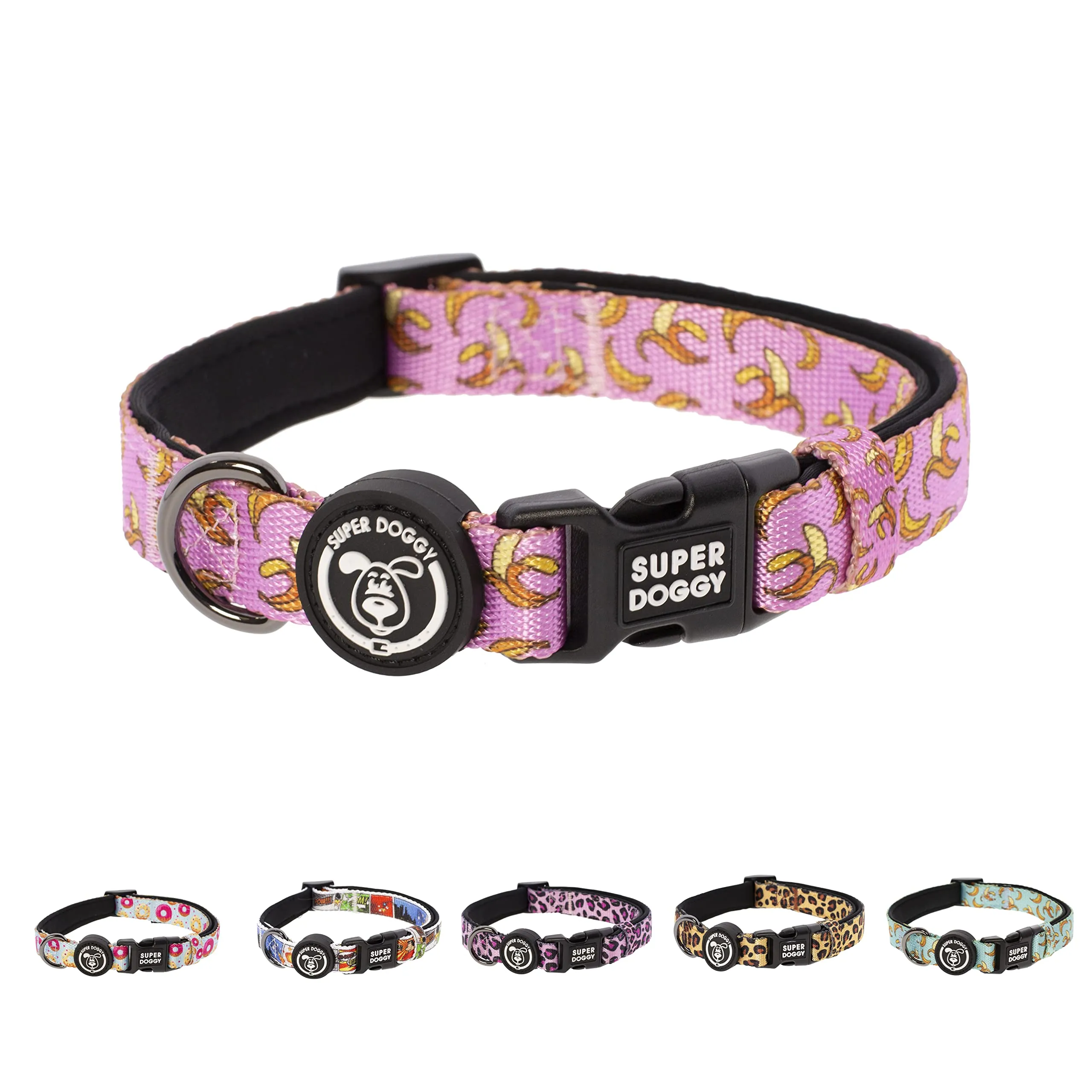 SUPER DOGGY Collare per Cani di Piccola, Media e Grande Taglia - Collari in Nylon Regolabile e Imbottito - Per Passeggiate, Allenamento e Corsa - Leggero e Ideale Cuccioli (Pink Bananas, L (40-65cm)) - immagine 1