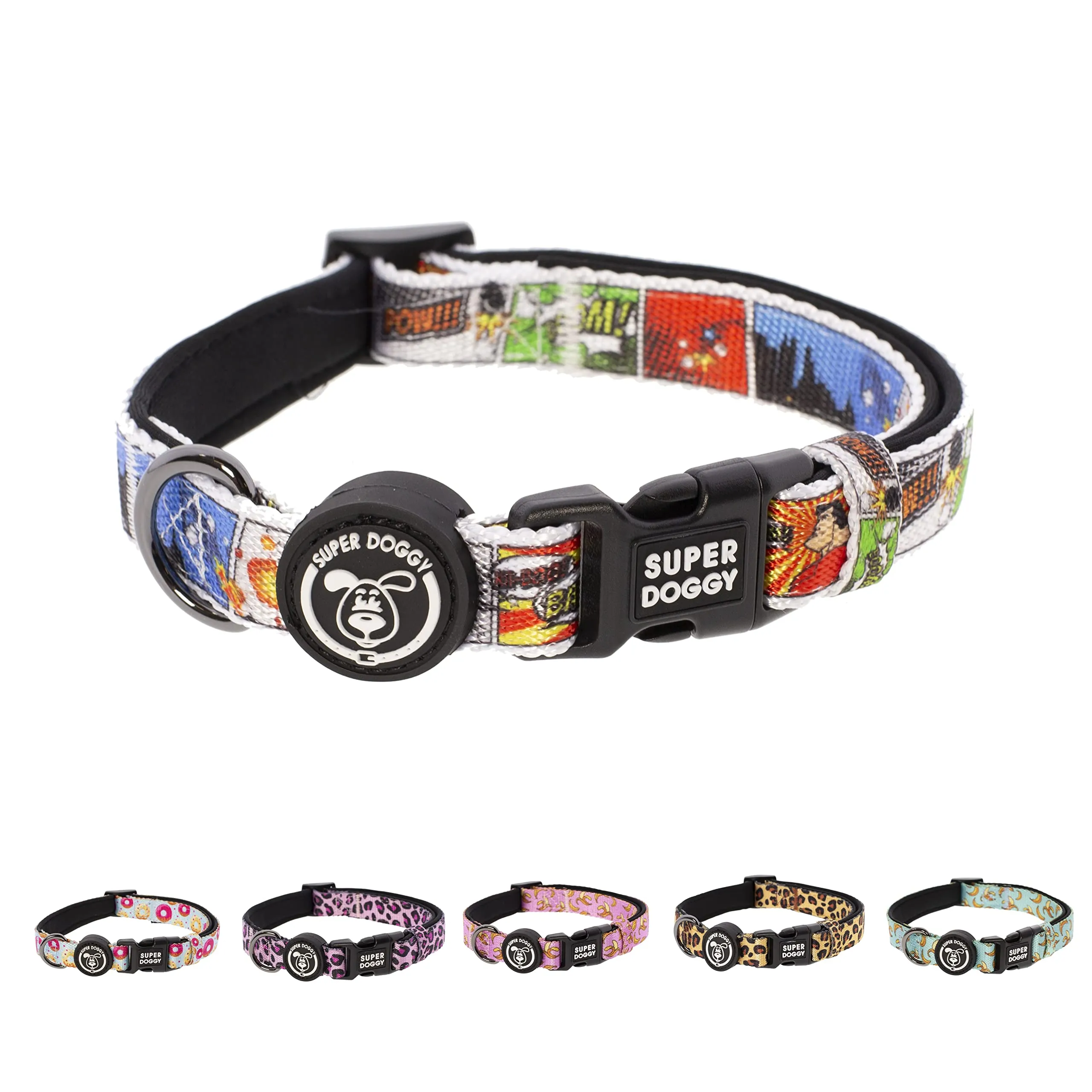 SUPER DOGGY Collare per Cani di Piccola, Media e Grande Taglia - Collari in Nylon Regolabile e Imbottito - Per Passeggiate, Allenamento e Corsa - Leggero e Ideale per i Cuccioli (Cómic, S (25-40cm)) - immagine 1