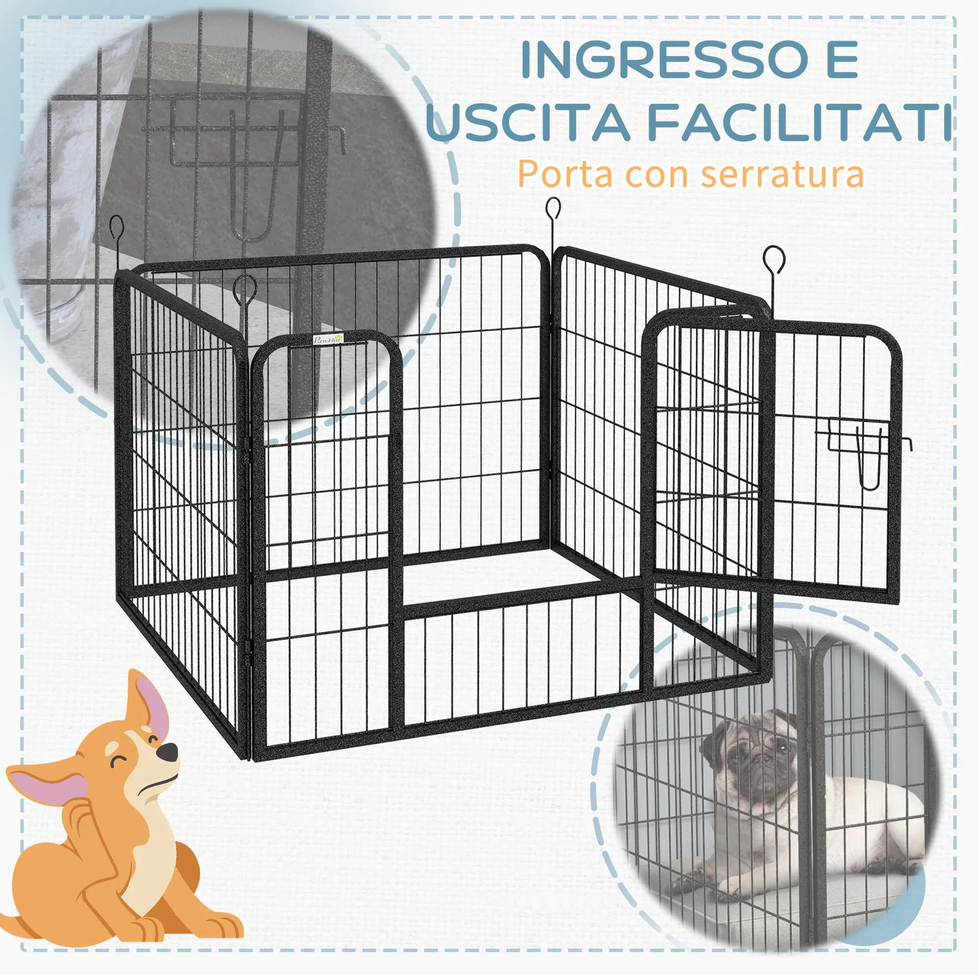 PawHut Recinto per Cani Pieghevole in Metallo con Porta 82x82x60cm Grigio - immagine 6