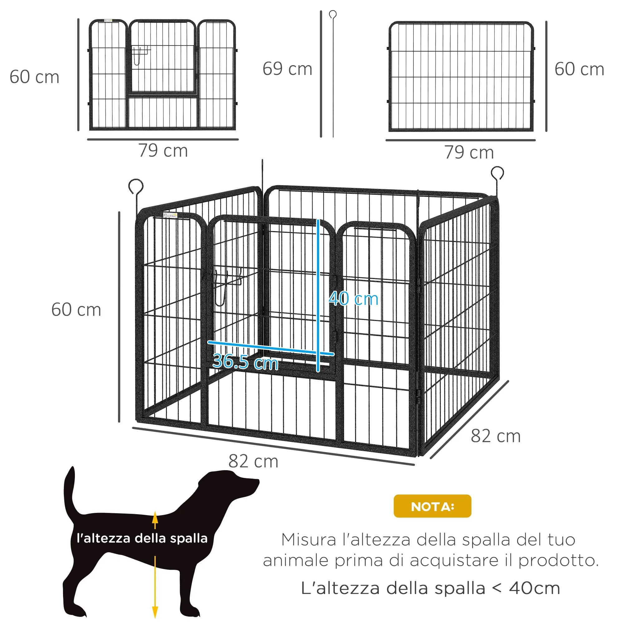 PawHut Recinto per Cani Pieghevole in Metallo con Porta 82x82x60cm Grigio - immagine 8