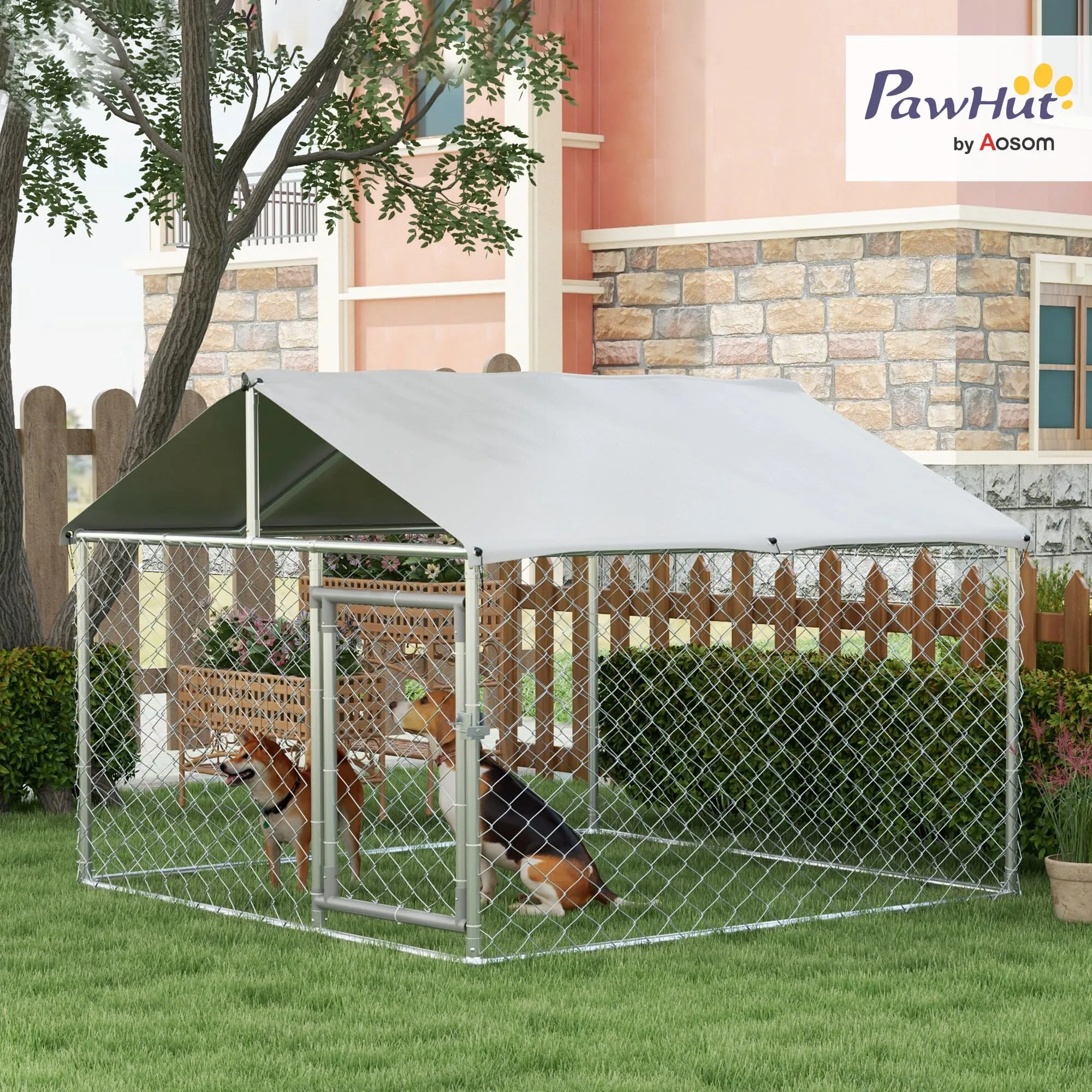 PawHut Kennel Gabbia per Cani da Esterno Grande Box 200x200x150cm Argento - immagine 2