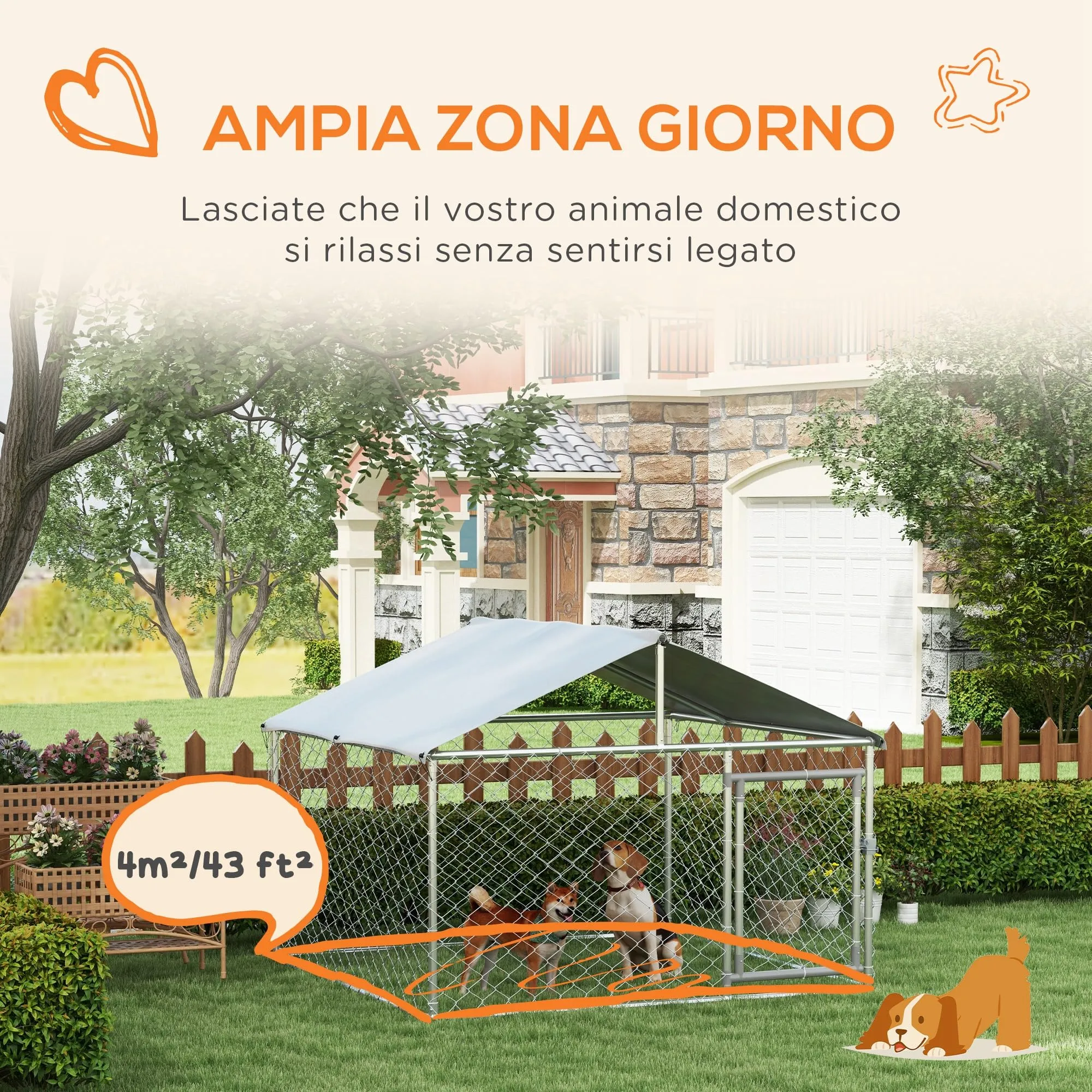 PawHut Kennel Gabbia per Cani da Esterno Grande Box 200x200x150cm Argento - immagine 4