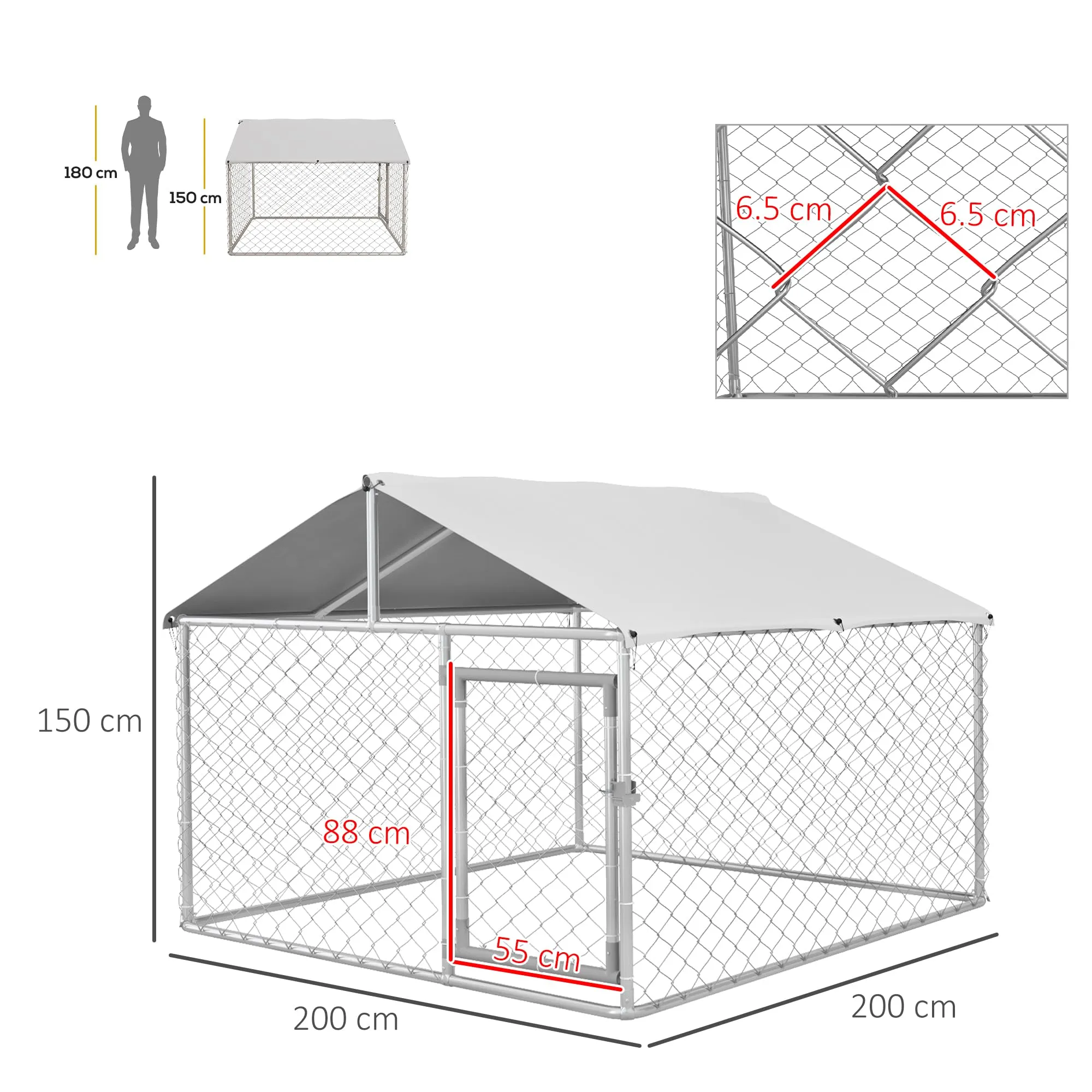 PawHut Kennel Gabbia per Cani da Esterno Grande Box 200x200x150cm Argento - immagine 7