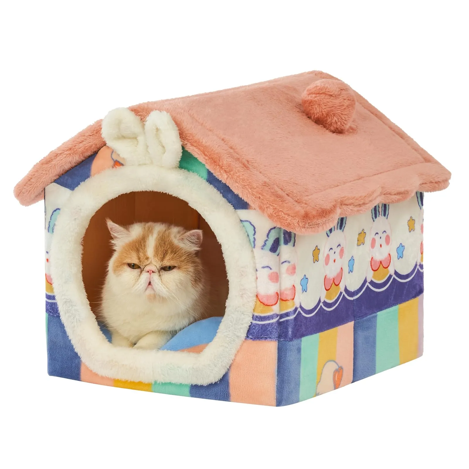 Jiupety Cuccia Gatto Interno Chiusa con Motivo a Stella, Casetta Pelosa per Gatti da Interno Taglia S 43 x 36 x 33 CM, Cuccia per Gatti Cat House, Rainbow Bunny - immagine 1