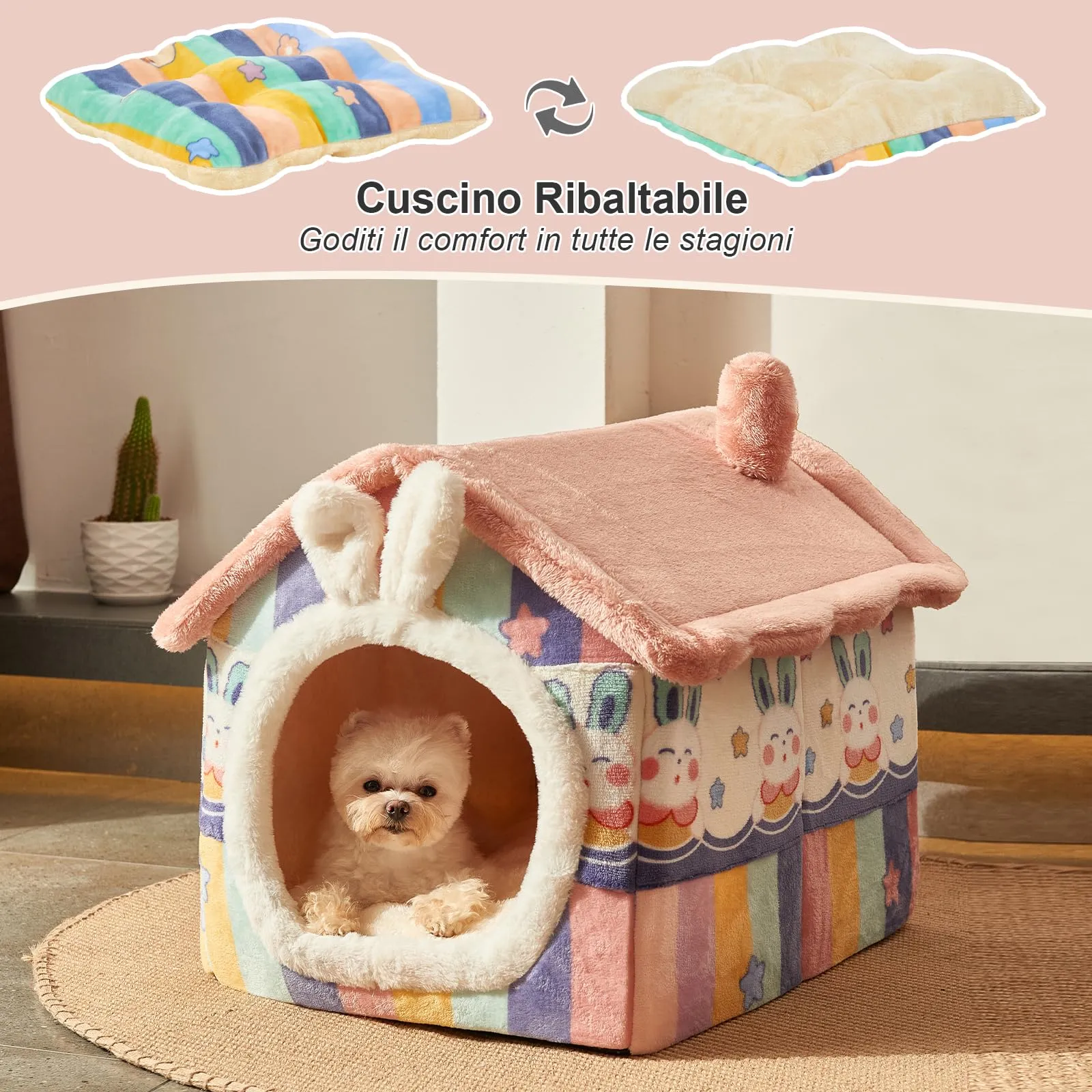 Jiupety Cuccia Gatto Interno Chiusa con Motivo a Stella, Casetta Pelosa per Gatti da Interno Taglia S 43 x 36 x 33 CM, Cuccia per Gatti Cat House, Rainbow Bunny - immagine 6