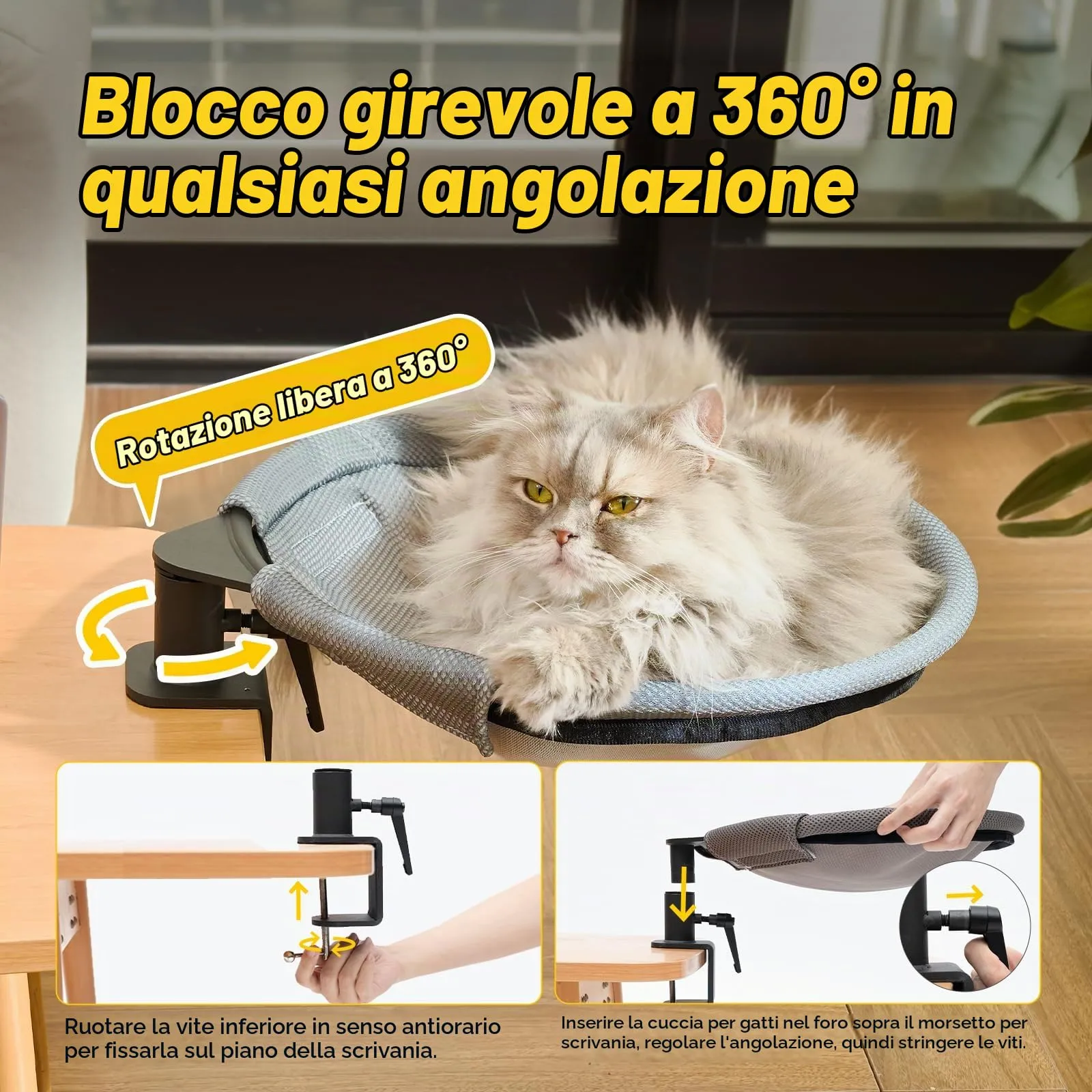 CATISM Lettino per Gatti da scrivania Rotazione a 360° Morbido Perfetto per Ufficio e Lavoro Amaca per Gatti da Interni con 2 tappetini per Animali Domestici Fino a 20 kg - immagine 3