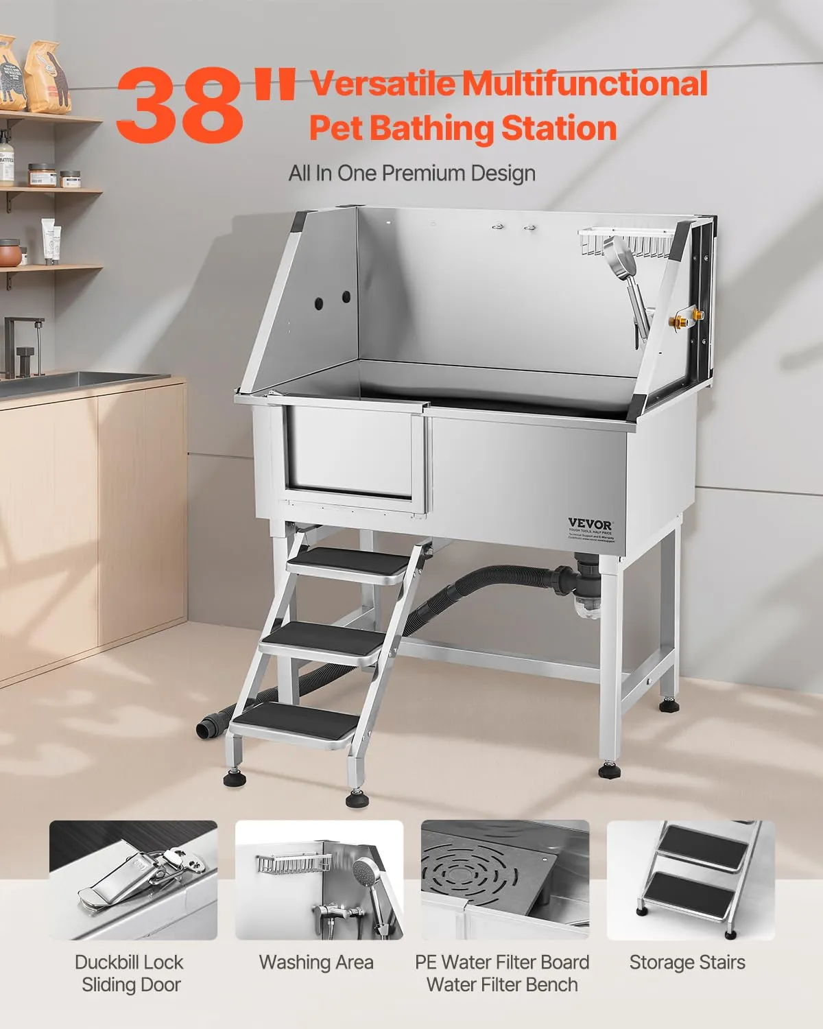 VEVOR Stazione di Lavaggio per Cani in Acciaio Inox, Vasca per Toelettatura per Animali Domestici da 96,52 cm con Scale di Stoccaggio, Rubinetto e Soffione Doccia e Porta Sapone, Porta Sinistra - immagine 2