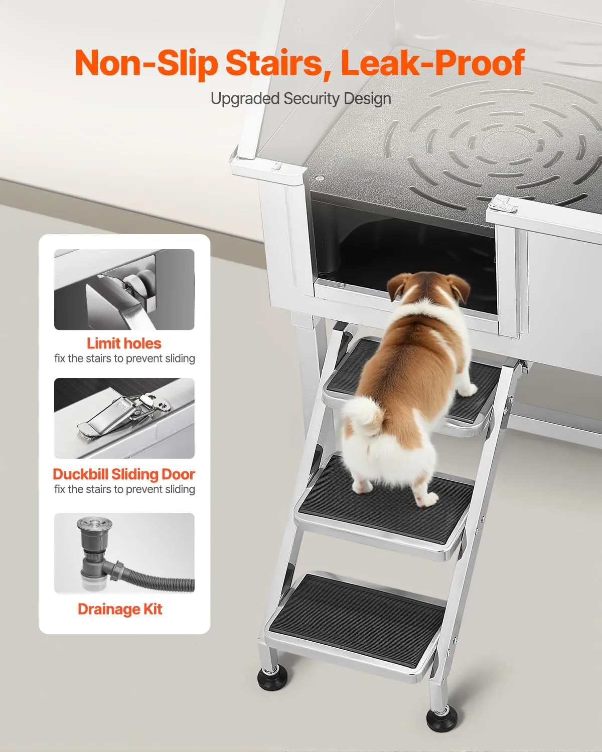 VEVOR Stazione di Lavaggio per Cani in Acciaio Inox, Vasca per Toelettatura per Animali Domestici da 96,52 cm con Scale di Stoccaggio, Rubinetto e Soffione Doccia e Porta Sapone, Porta Sinistra - immagine 3