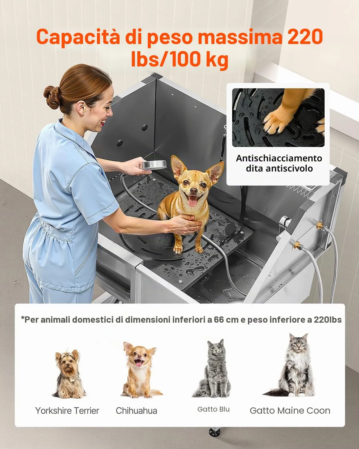 VEVOR Stazione di Lavaggio per Cani in Acciaio Inox, Vasca per Toelettatura per Animali Domestici da 96,52 cm con Scale di Stoccaggio, Rubinetto e Soffione Doccia e Porta Sapone, Porta Sinistra - immagine 4