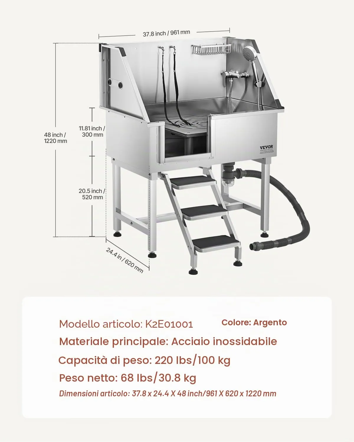 VEVOR Stazione di Lavaggio per Cani in Acciaio Inox, Vasca per Toelettatura per Animali Domestici da 96,52 cm con Scale di Stoccaggio, Rubinetto e Soffione Doccia e Porta Sapone, Porta Sinistra - immagine 7