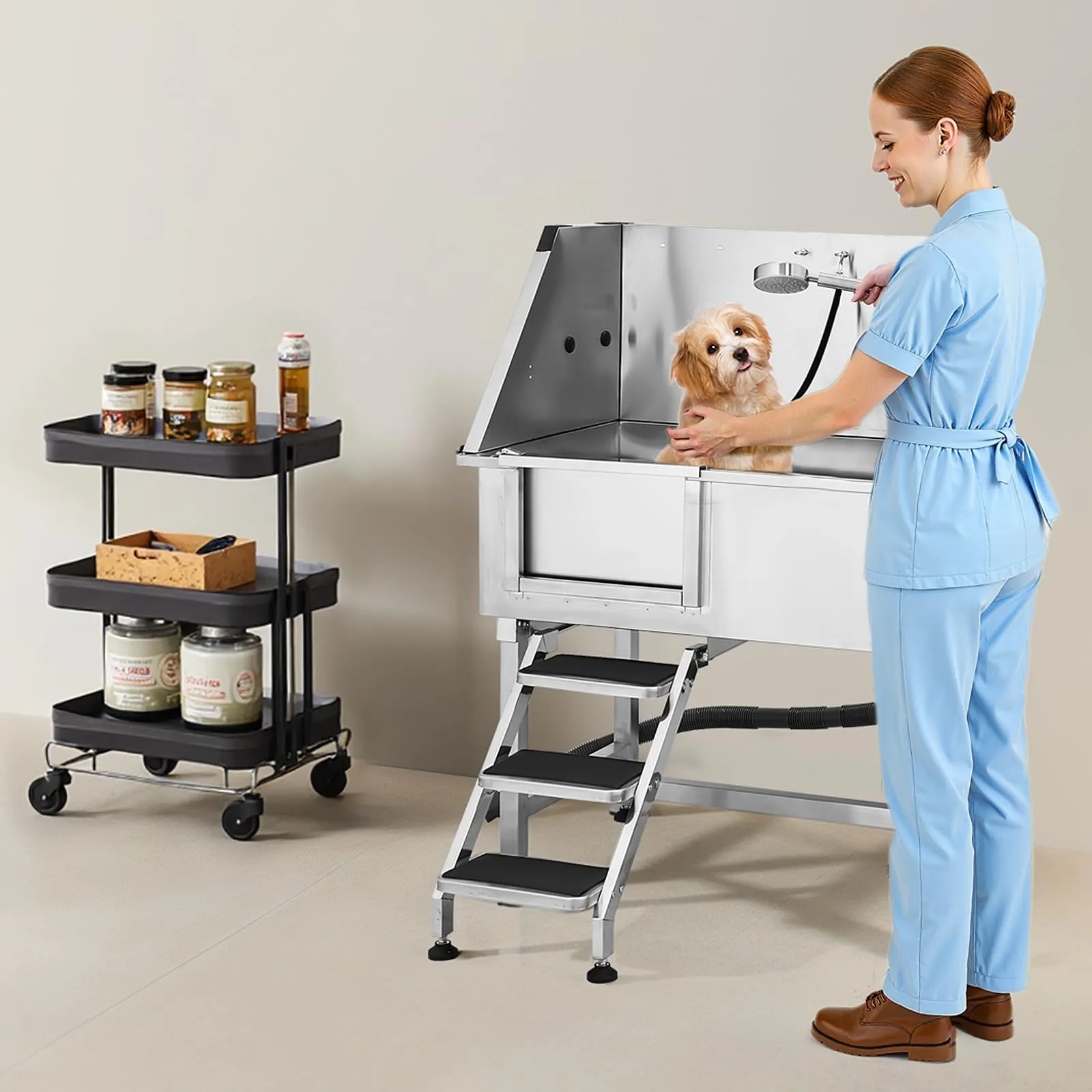 VEVOR Stazione di Lavaggio per Cani in Acciaio Inox, Vasca per Toelettatura per Animali Domestici da 96,52 cm con Scale di Stoccaggio, Rubinetto e Soffione Doccia e Porta Sapone, Porta Sinistra - immagine 8