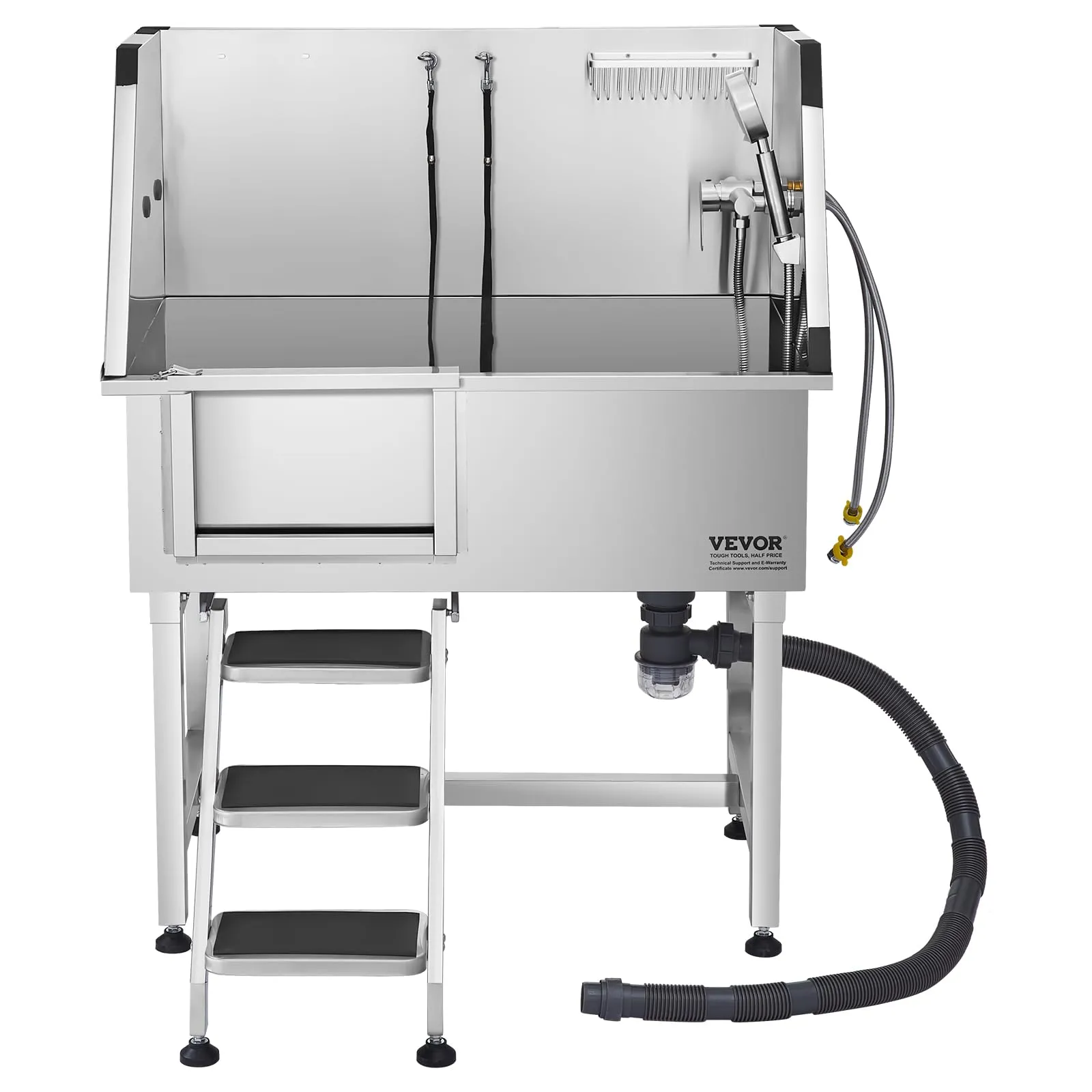 VEVOR Stazione di Lavaggio per Cani in Acciaio Inox, Vasca per Toelettatura per Animali Domestici da 96,52 cm con Scale di Stoccaggio, Rubinetto e Soffione Doccia e Porta Sapone, Porta Sinistra - immagine 9