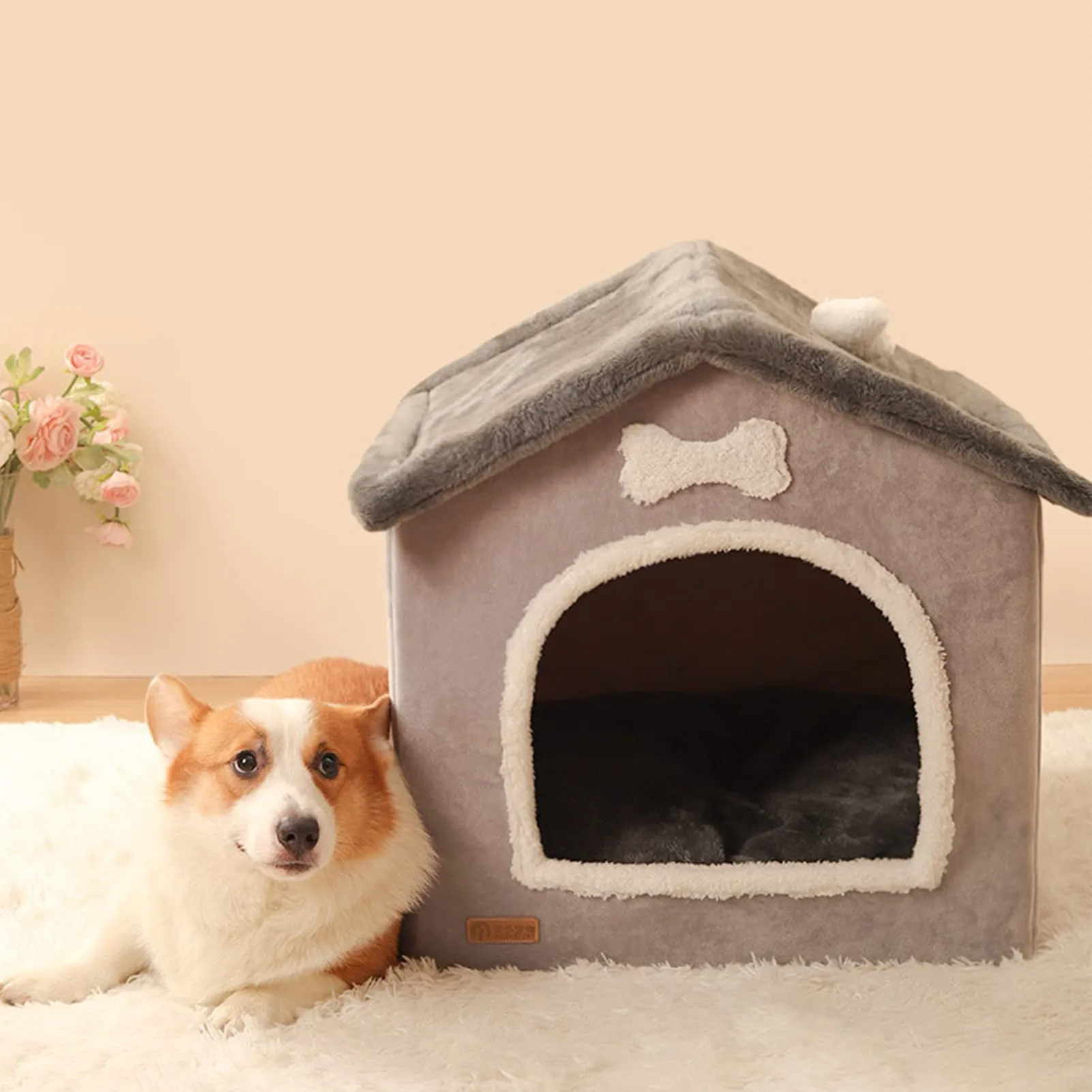 Cuccia pieghevole per cani da interno con copertura rimovibile - Letto a grotta in peluche accogliente per cani di piccola e media taglia e gatti, casa per animali calda e portatile - immagine 4