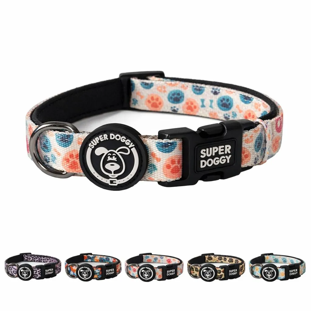 SUPER DOGGY Collare per Cani di Piccola, Media e Grande Taglia - Collari in Nylon Regolabile e Imbottito - Per Passeggiate, Allenamento e Corsa - Leggero per i Cuccioli (Bones & Paws, S (25-40cm)) - immagine 1