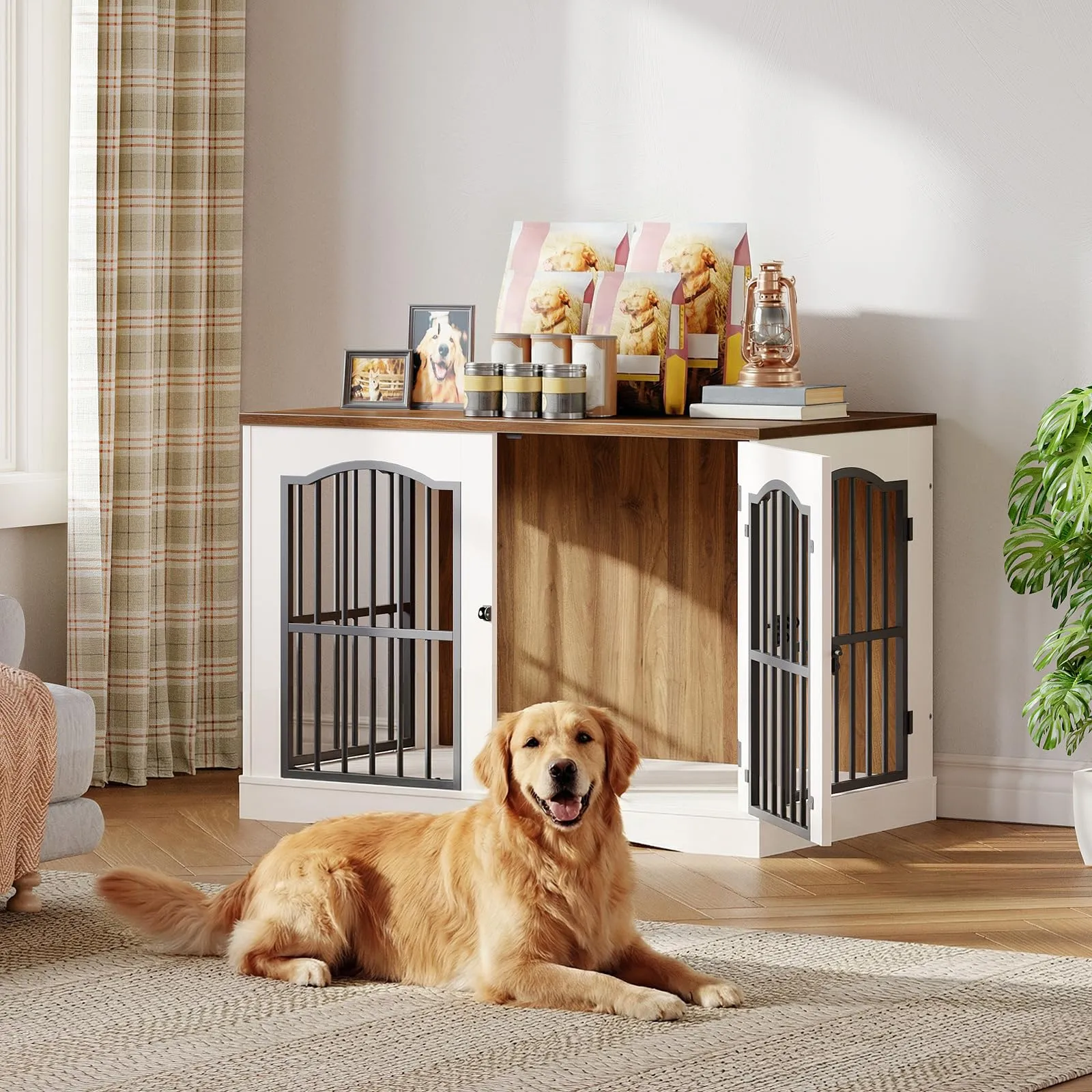 HOOBRO Mobili Gabbia per Cani con 3 Porte, Cuccia Moderna per Cani Interno, Kennel Cane Medio Pesante, Casetta per Animali per Soggiorno Camera Sottoscala, Bianco e Noce EWH66GW03 - immagine 2