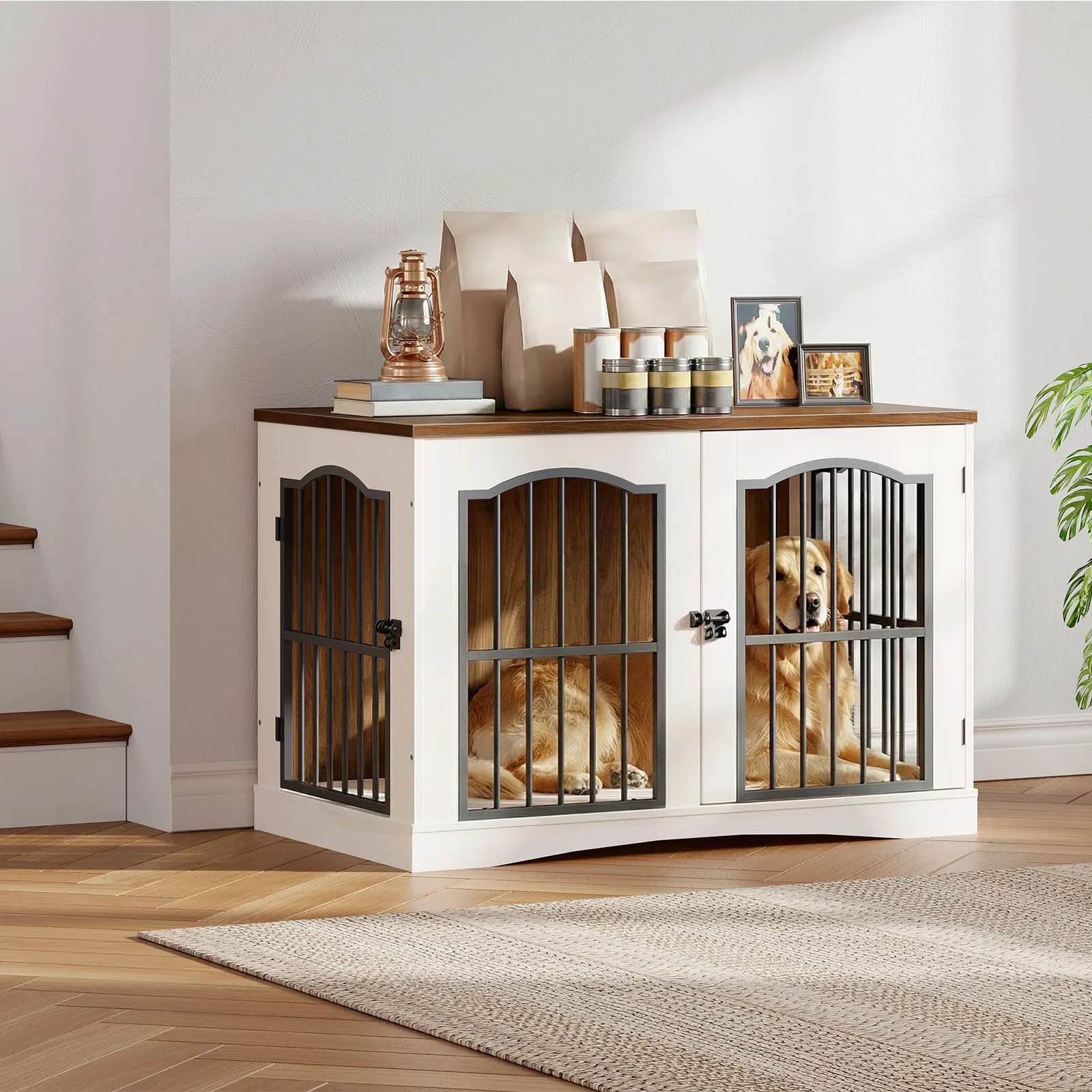 HOOBRO Mobili Gabbia per Cani con 3 Porte, Cuccia Moderna per Cani Interno, Kennel Cane Medio Pesante, Casetta per Animali per Soggiorno Camera Sottoscala, Bianco e Noce EWH66GW03 - immagine 4