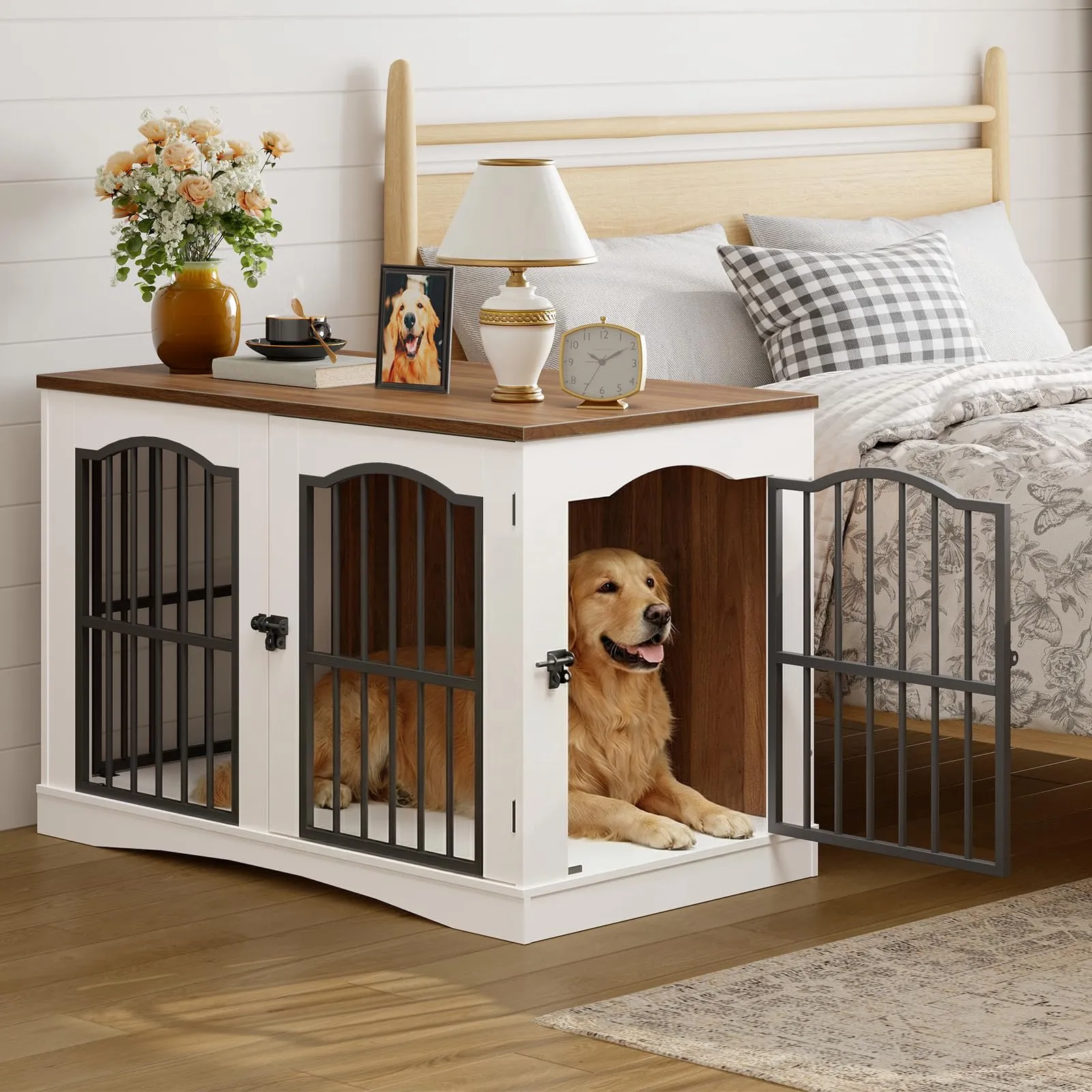HOOBRO Mobili Gabbia per Cani con 3 Porte, Cuccia Moderna per Cani Interno, Kennel Cane Medio Pesante, Casetta per Animali per Soggiorno Camera Sottoscala, Bianco e Noce EWH66GW03 - immagine 5