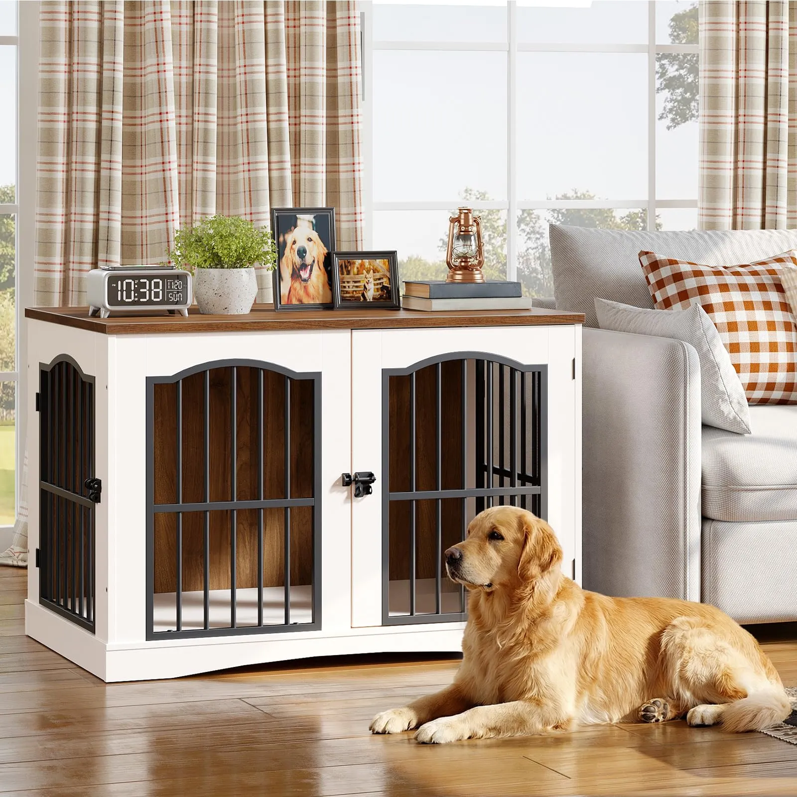 HOOBRO Mobili Gabbia per Cani con 3 Porte, Cuccia Moderna per Cani Interno, Kennel Cane Medio Pesante, Casetta per Animali per Soggiorno Camera Sottoscala, Bianco e Noce EWH66GW03 - immagine 6