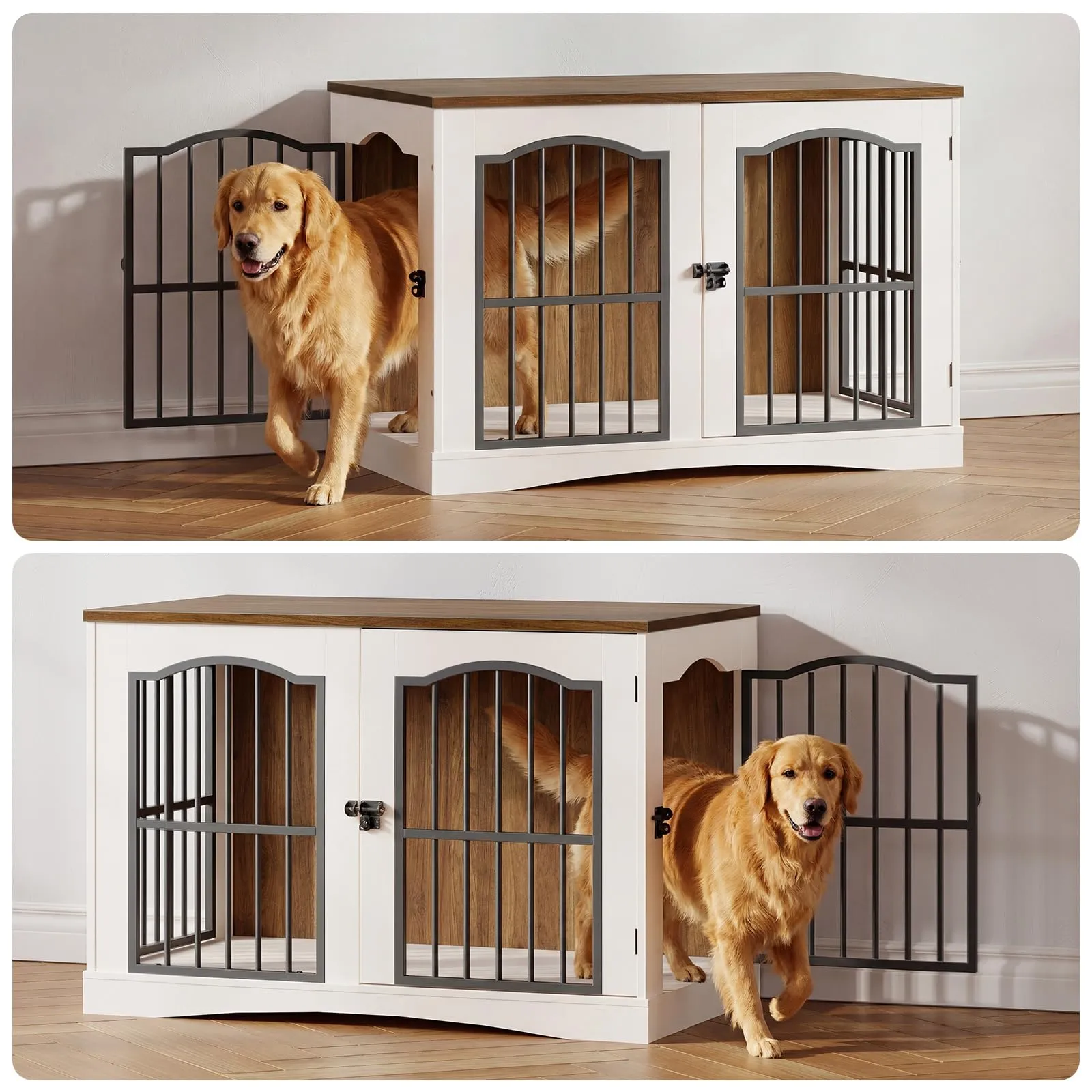 HOOBRO Mobili Gabbia per Cani con 3 Porte, Cuccia Moderna per Cani Interno, Kennel Cane Medio Pesante, Casetta per Animali per Soggiorno Camera Sottoscala, Bianco e Noce EWH66GW03 - immagine 7