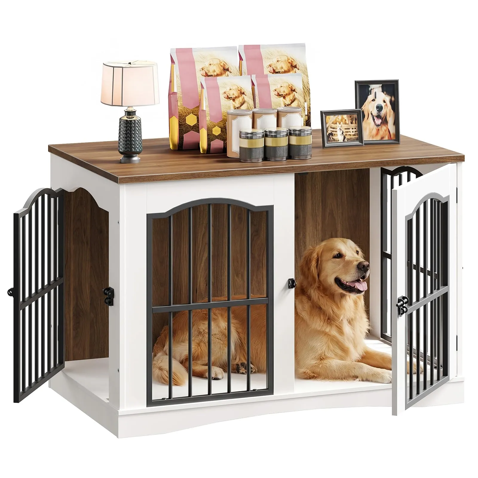 HOOBRO Mobili Gabbia per Cani con 3 Porte, Cuccia Moderna per Cani Interno, Kennel Cane Medio Pesante, Casetta per Animali per Soggiorno Camera Sottoscala, Bianco e Noce EWH66GW03 - immagine 9