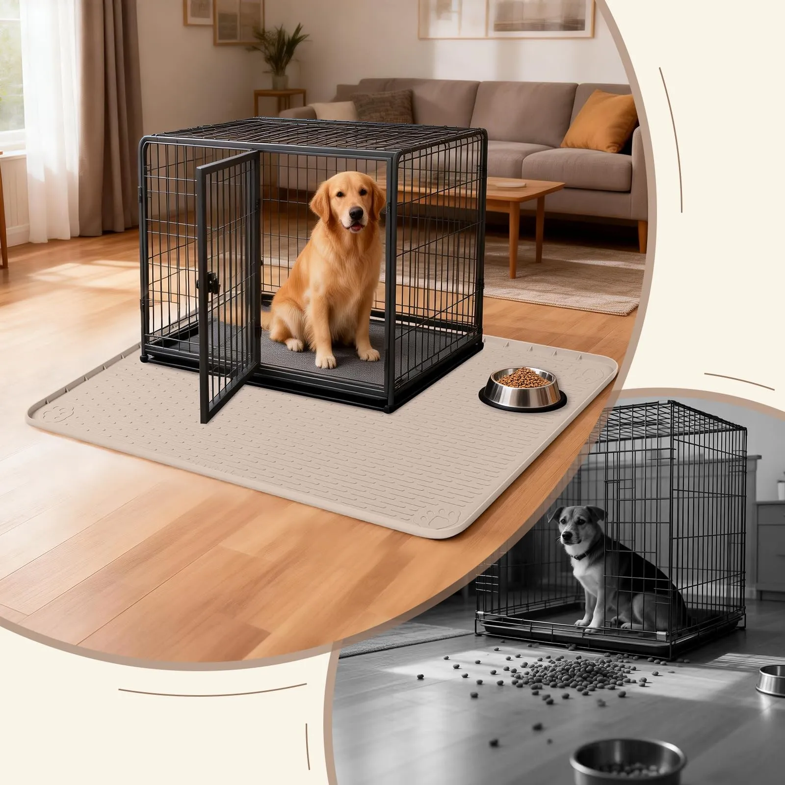 Bartuke Tappetino in silicone per gabbia per cani, 86,4 x 56 cm, con bordo rialzato, lavabile, impermeabile, a prova di perdite, protegge i pavimenti (cachi) - immagine 6