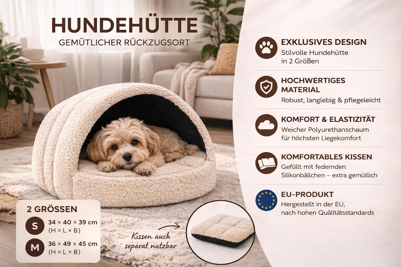 Odolplusz Cuccia per cani da interno | Casa per cani e gatti | 2 taglie comode e lavabili (rimbalzo beige, taglia M) - immagine 3