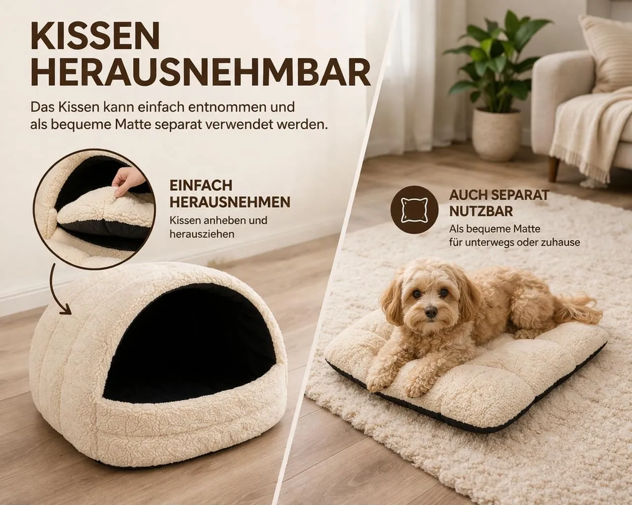 Odolplusz Cuccia per cani da interno | Casa per cani e gatti | 2 taglie comode e lavabili (rimbalzo beige, taglia M) - immagine 4