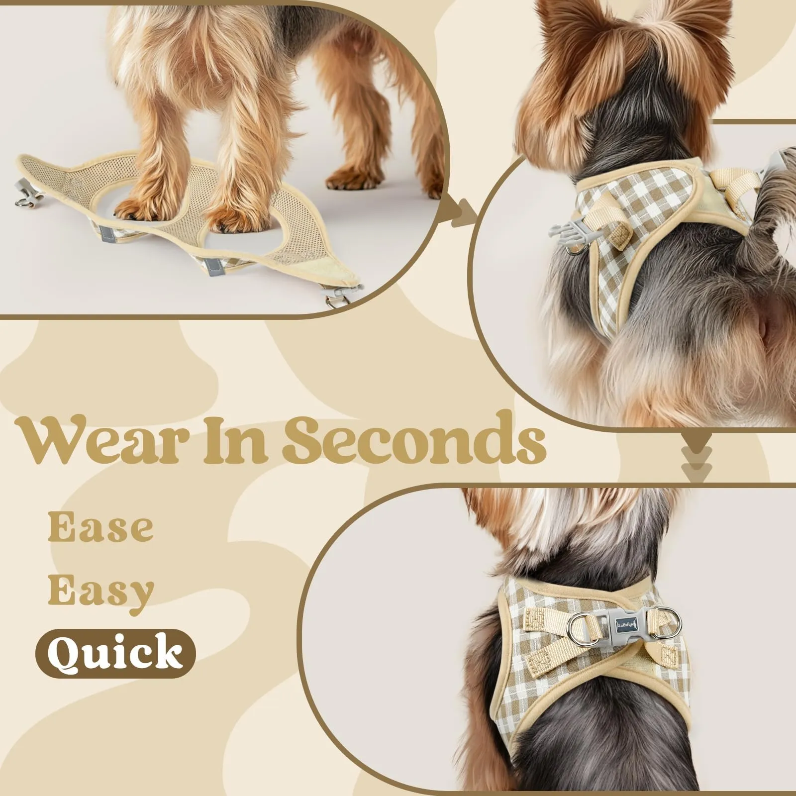 rabbitgoo Pettorina Cane Taglia Piccola, Leggero e Morbido, Quadri Beige M - immagine 6