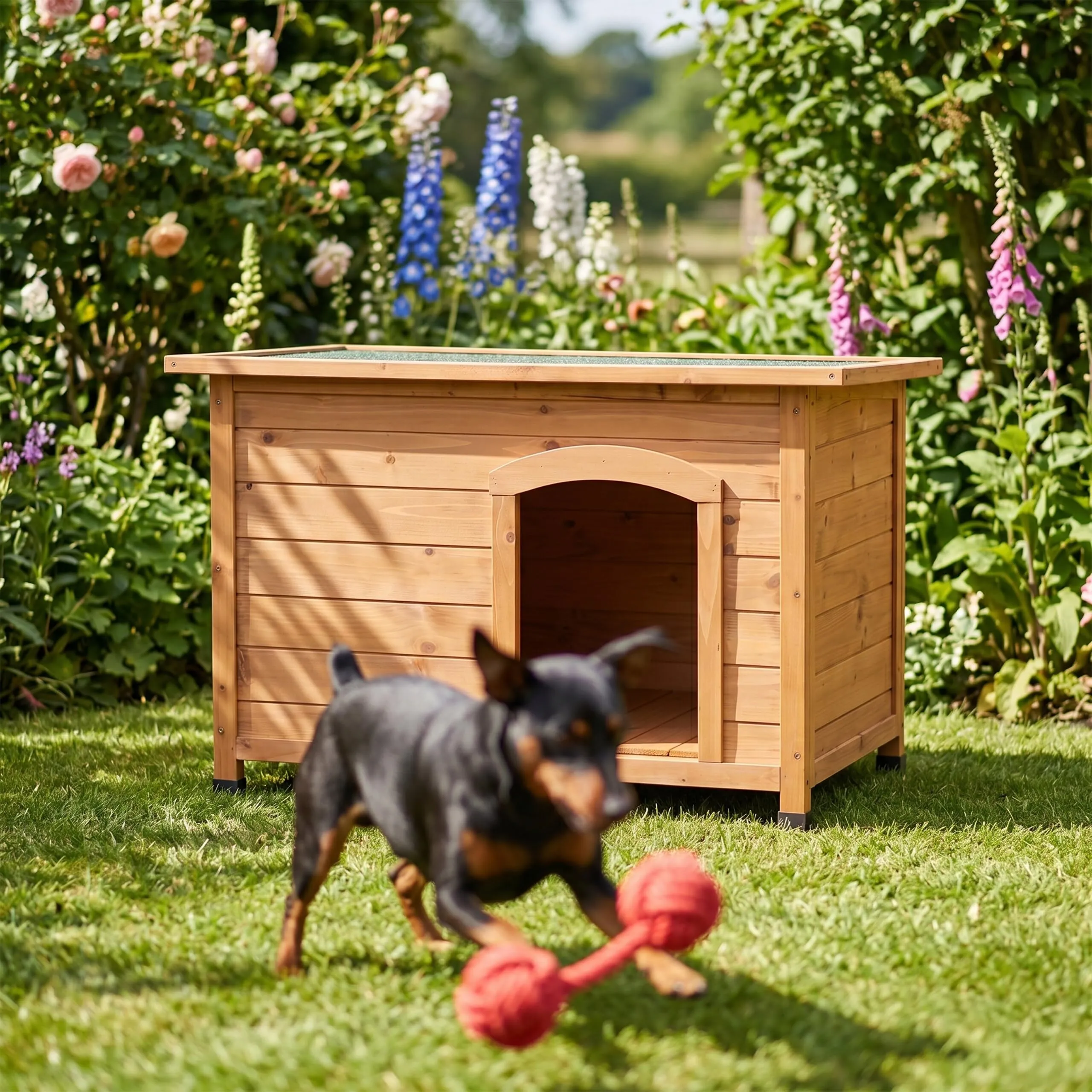 Relaxdays Cuccia per cani, legno, HxLxP: 58,5 x 85 x 53 cm, arancione/verde - immagine 5