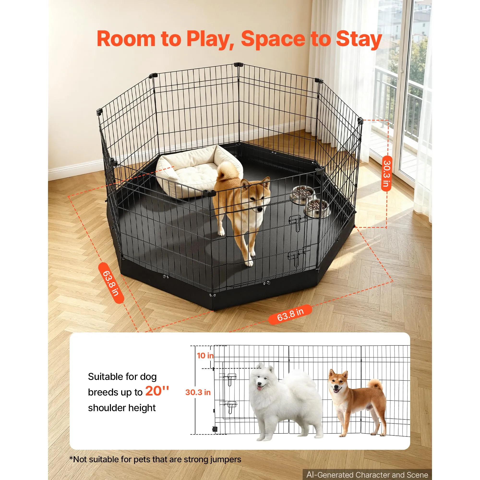 VEVOR Box per Cani da 76 cm 8 Pannelli Pieghevole con Base Imbottita Nero - immagine 2