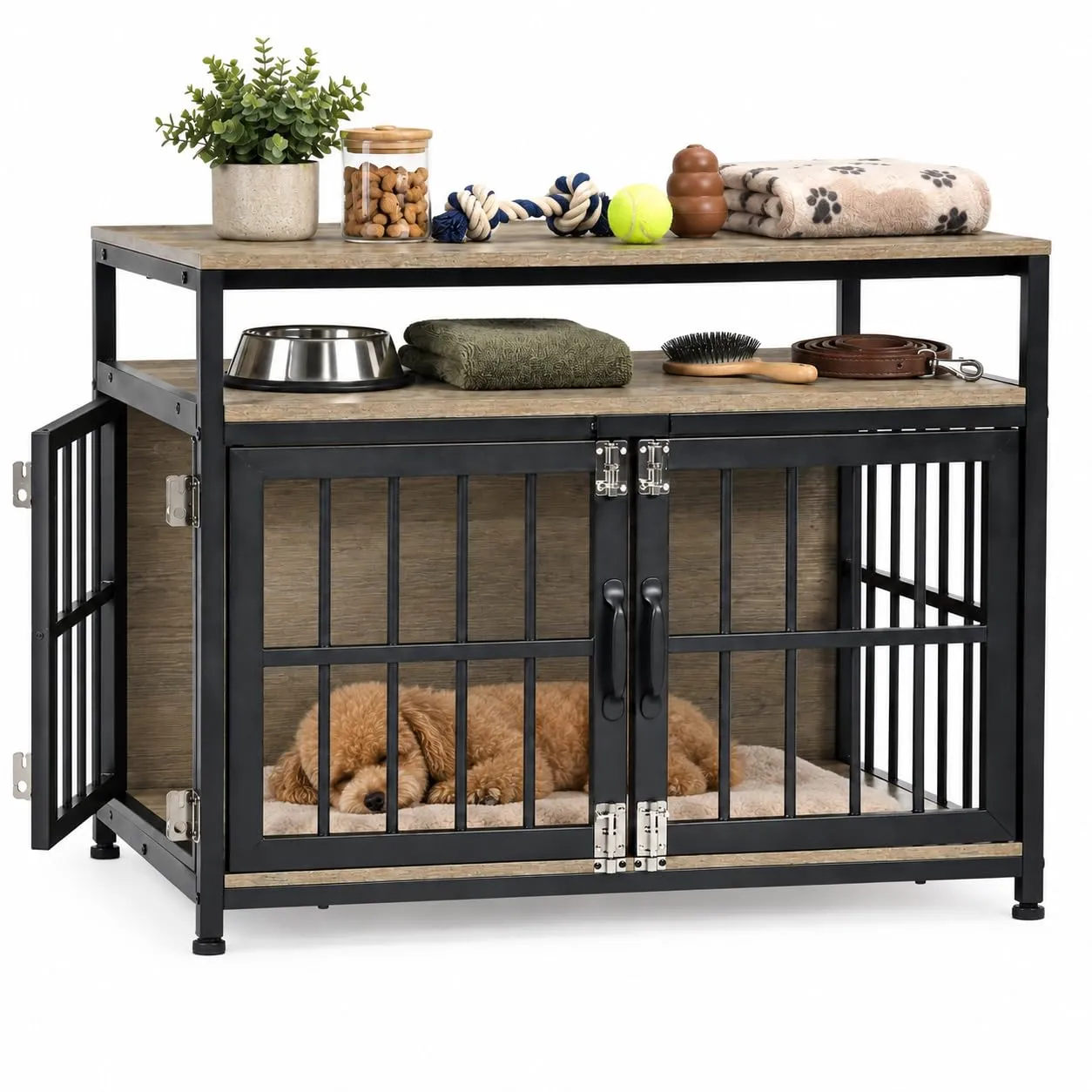 EGGREE Gabbia per Cani, Interno 76 cm, 3 Porte, 2 Ripiani, Grigio Chiaro - immagine 1