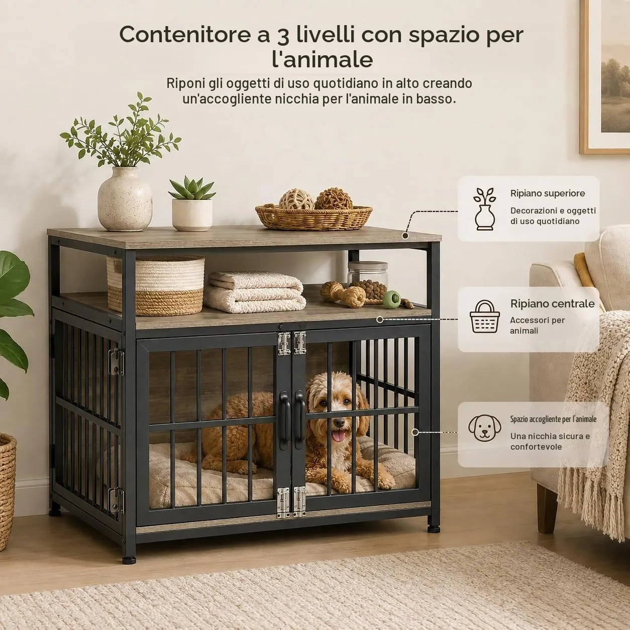EGGREE Gabbia per Cani, Interno 76 cm, 3 Porte, 2 Ripiani, Grigio Chiaro - immagine 2