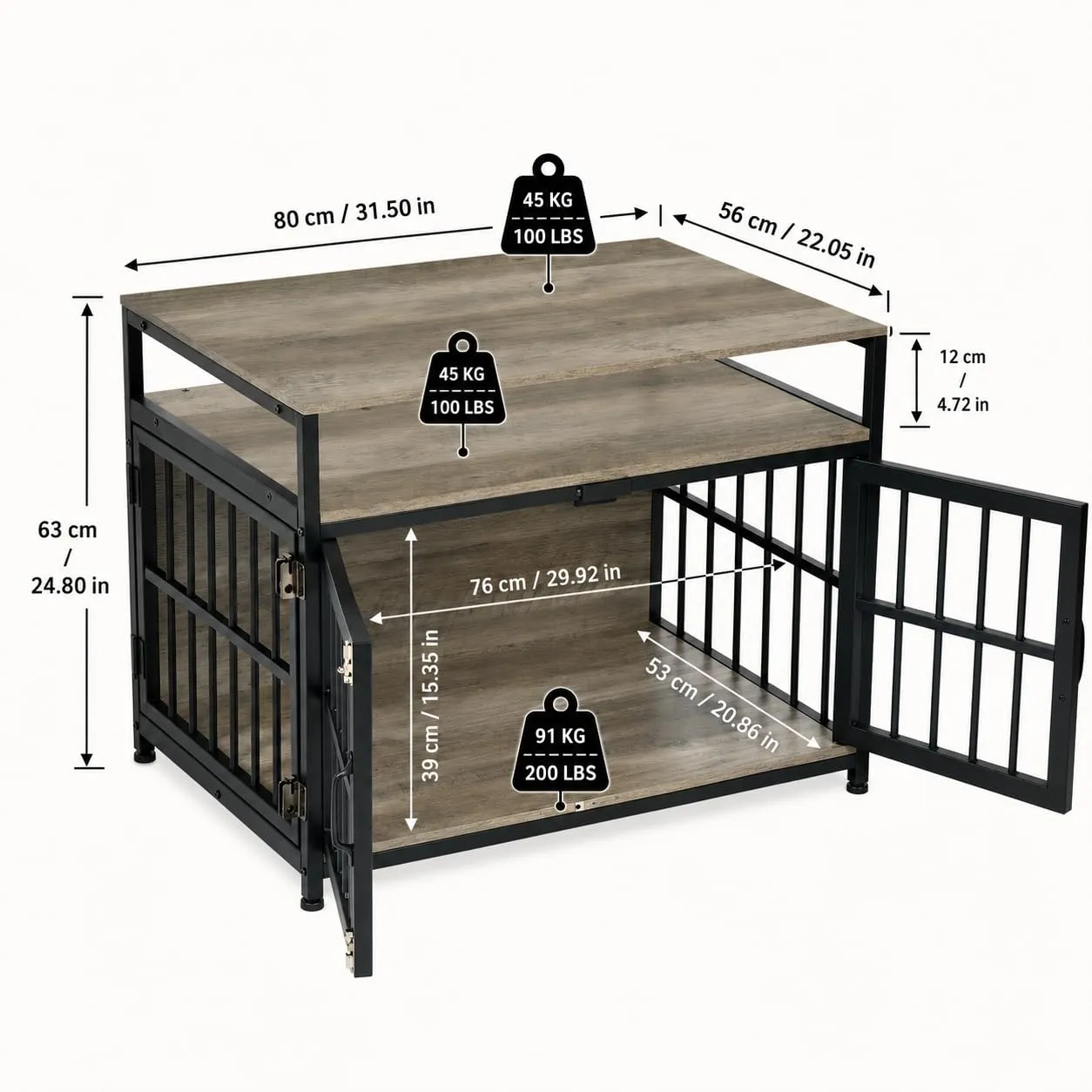 EGGREE Gabbia per Cani, Interno 76 cm, 3 Porte, 2 Ripiani, Grigio Chiaro - immagine 3