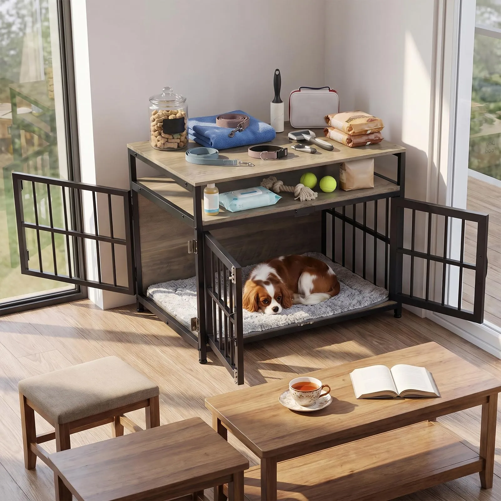 EGGREE Gabbia per Cani, Interno 76 cm, 3 Porte, 2 Ripiani, Grigio Chiaro - immagine 7